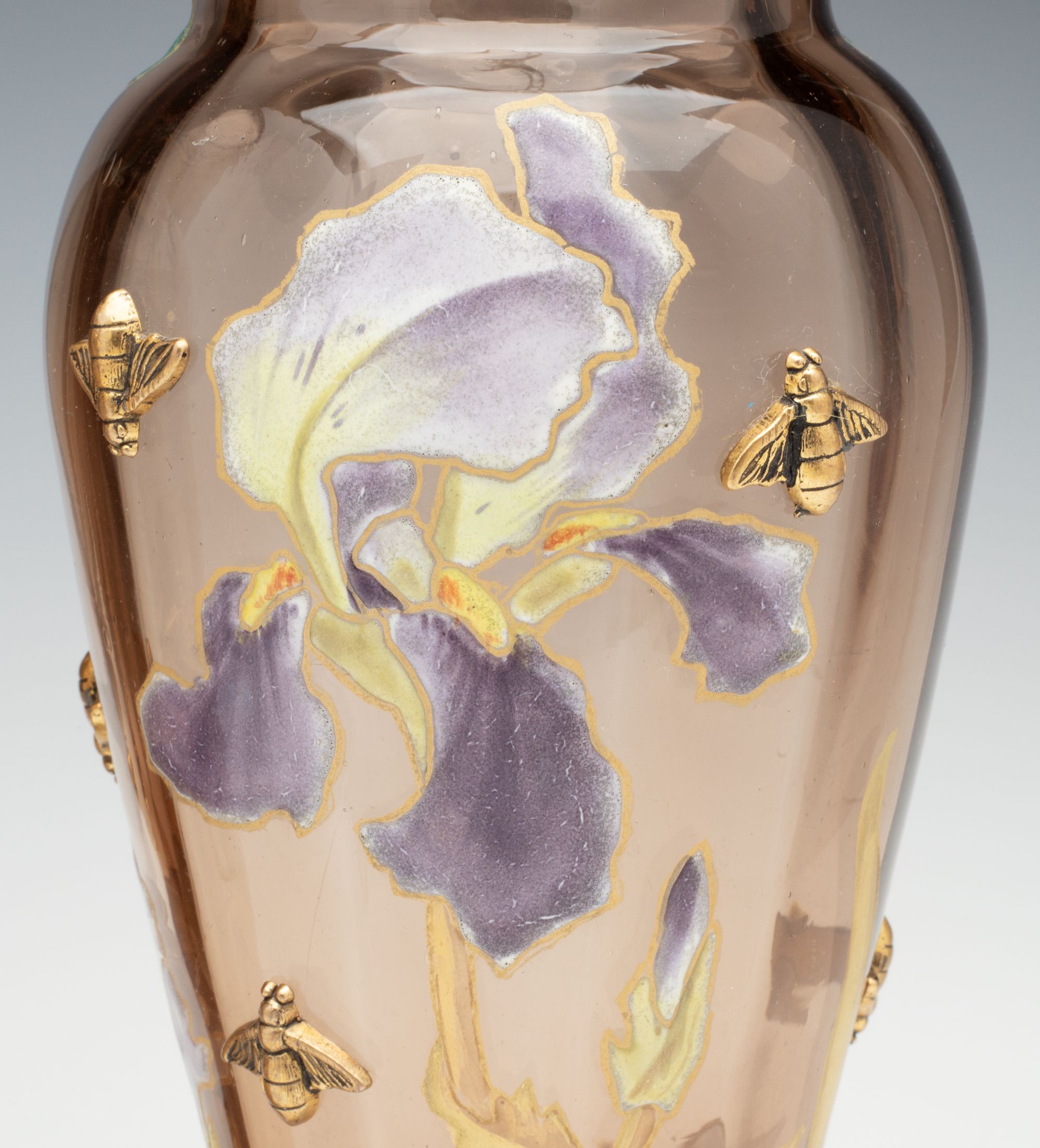 MOSER ART NOUVEAU ENAMELD VASE PAIR WITH GILDED BEES