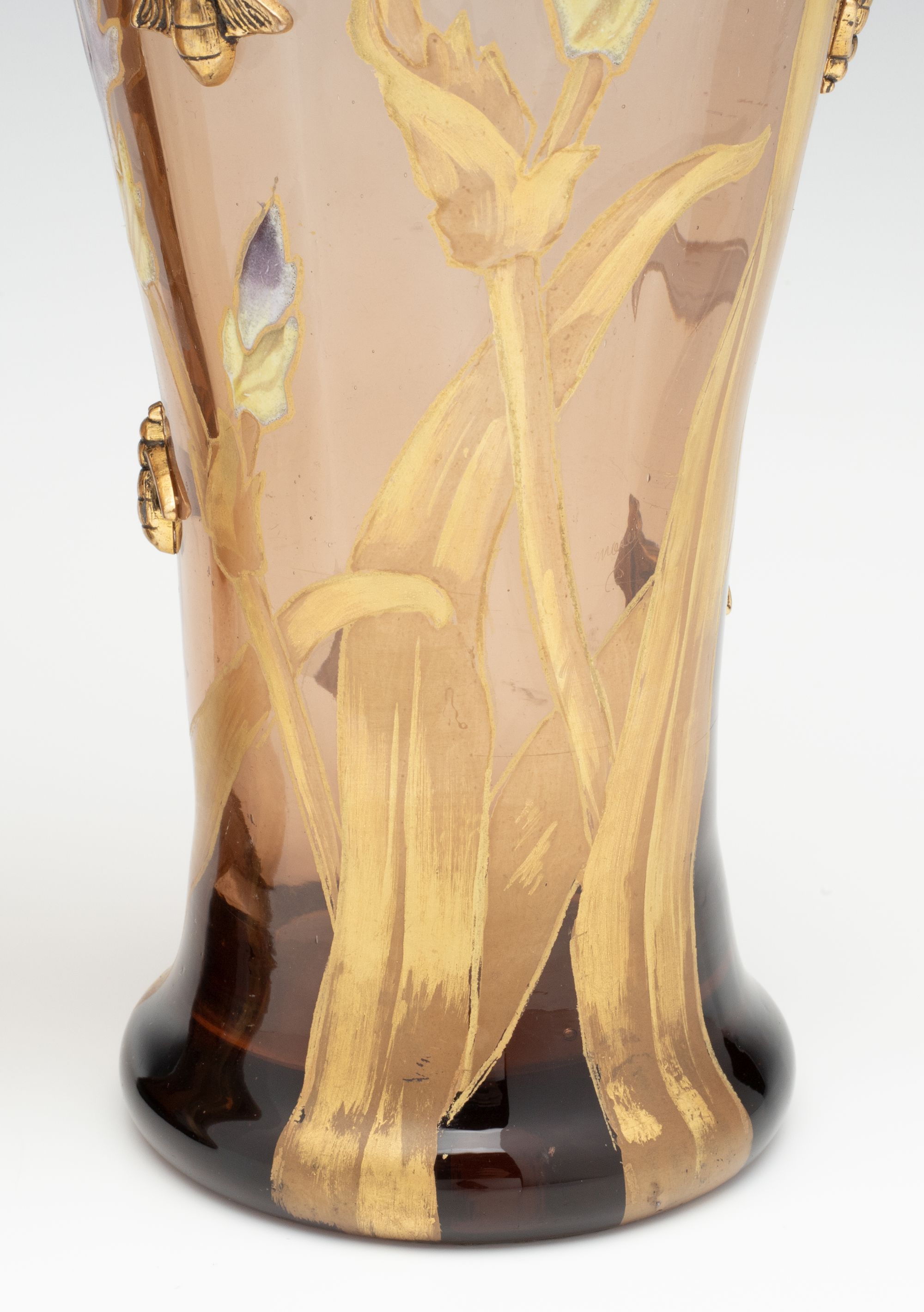 MOSER ART NOUVEAU ENAMELD VASE PAIR WITH GILDED BEES