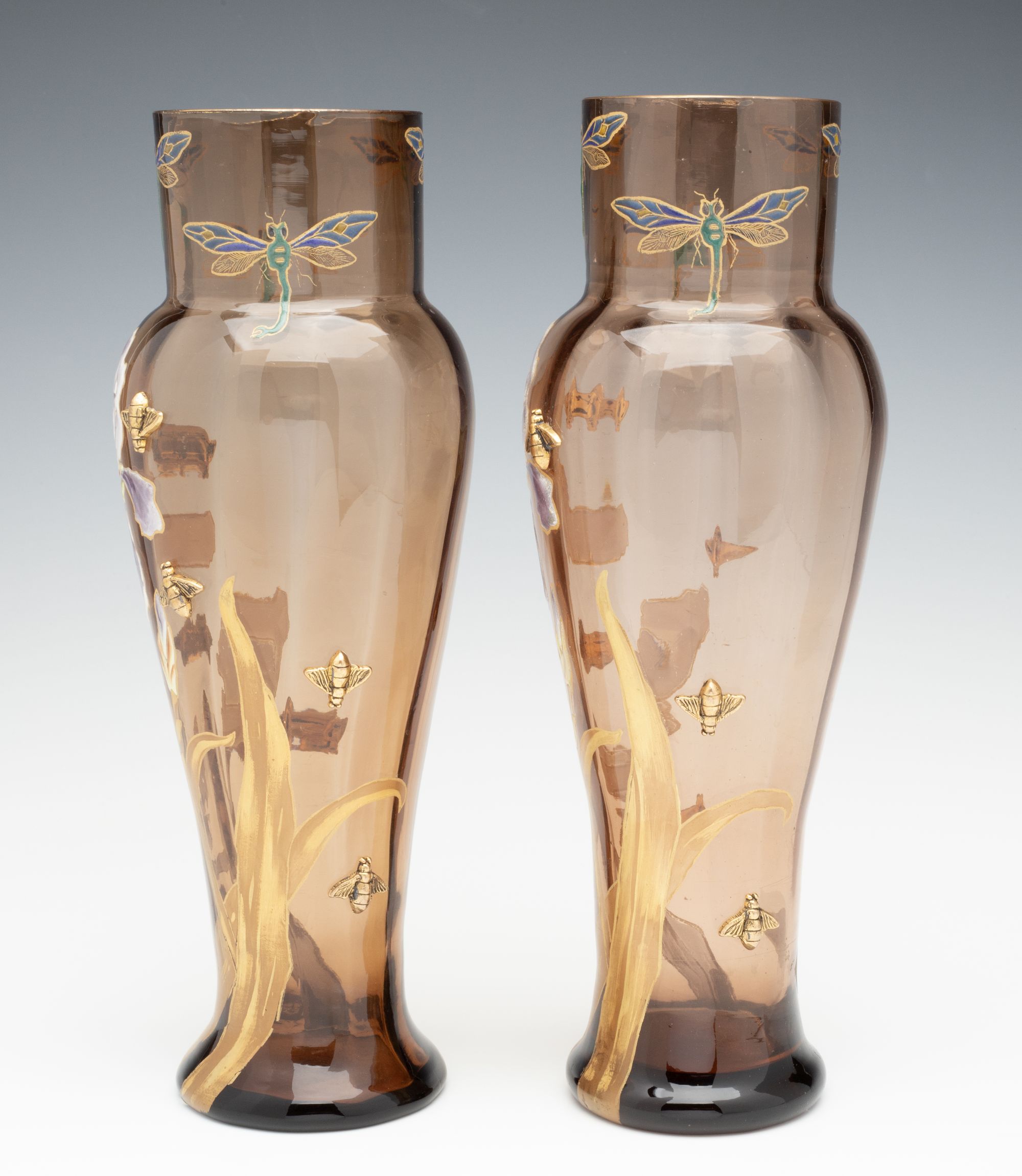 MOSER ART NOUVEAU ENAMELD VASE PAIR WITH GILDED BEES