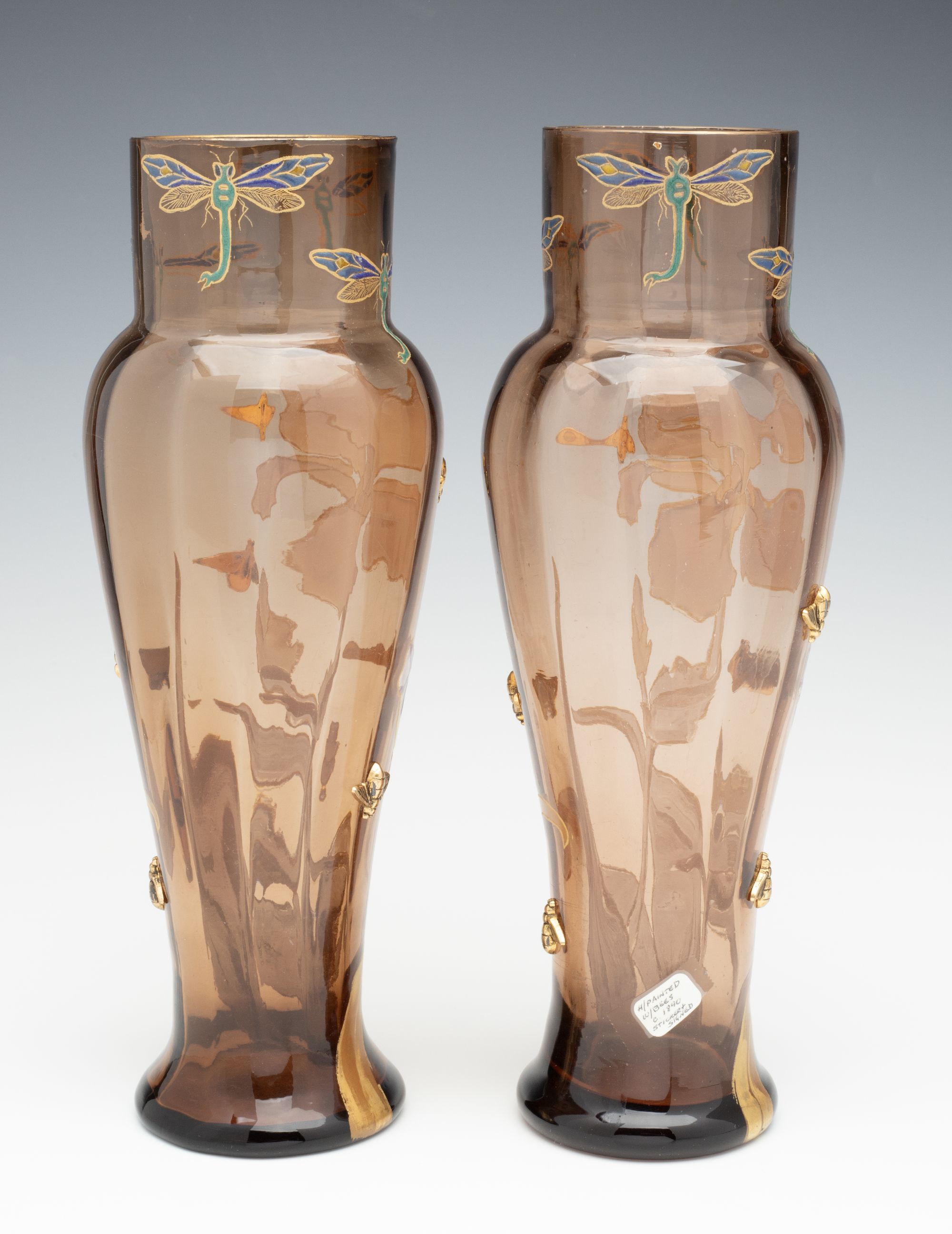 MOSER ART NOUVEAU ENAMELD VASE PAIR WITH GILDED BEES