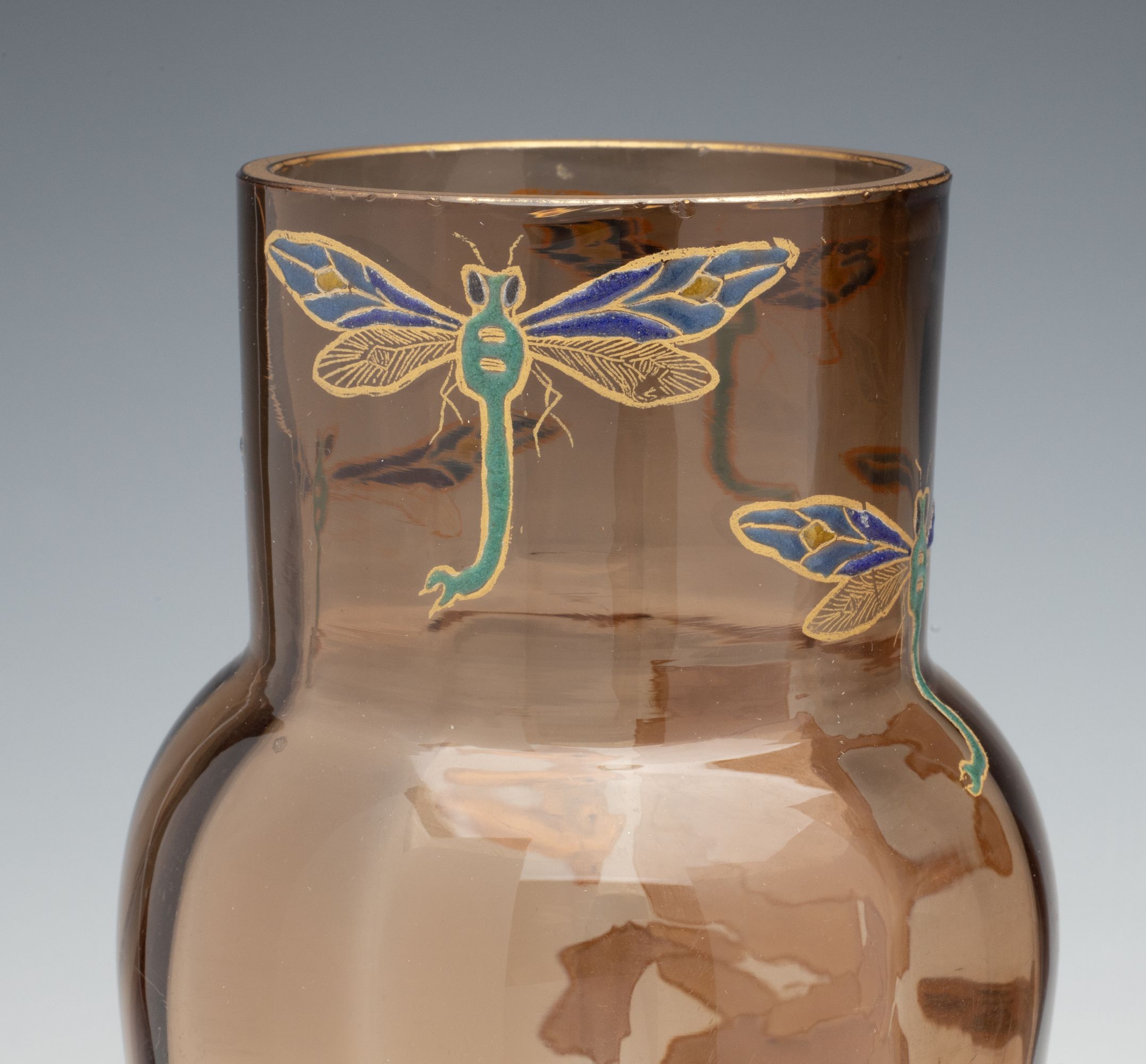 MOSER ART NOUVEAU ENAMELD VASE PAIR WITH GILDED BEES