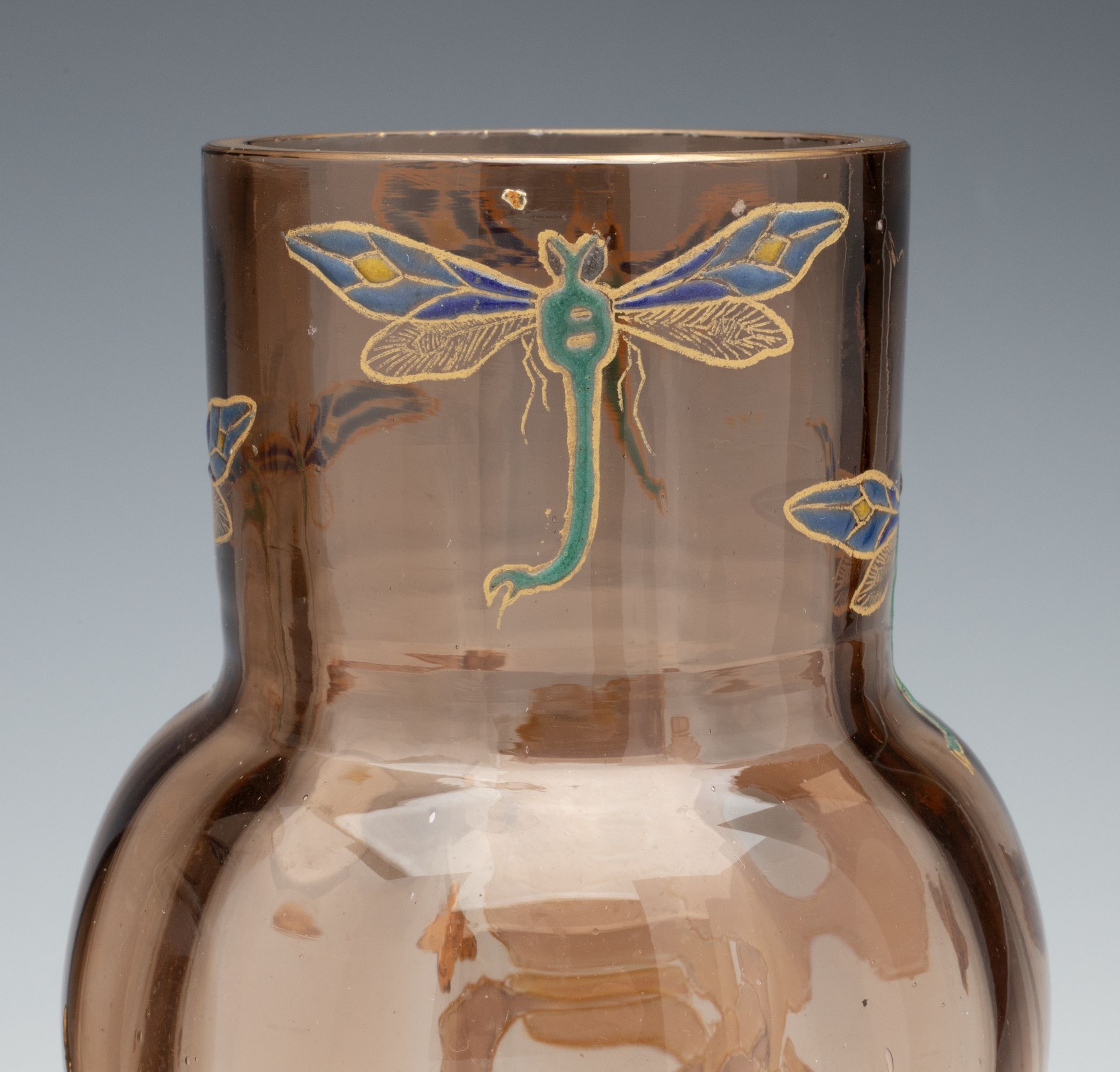 MOSER ART NOUVEAU ENAMELD VASE PAIR WITH GILDED BEES