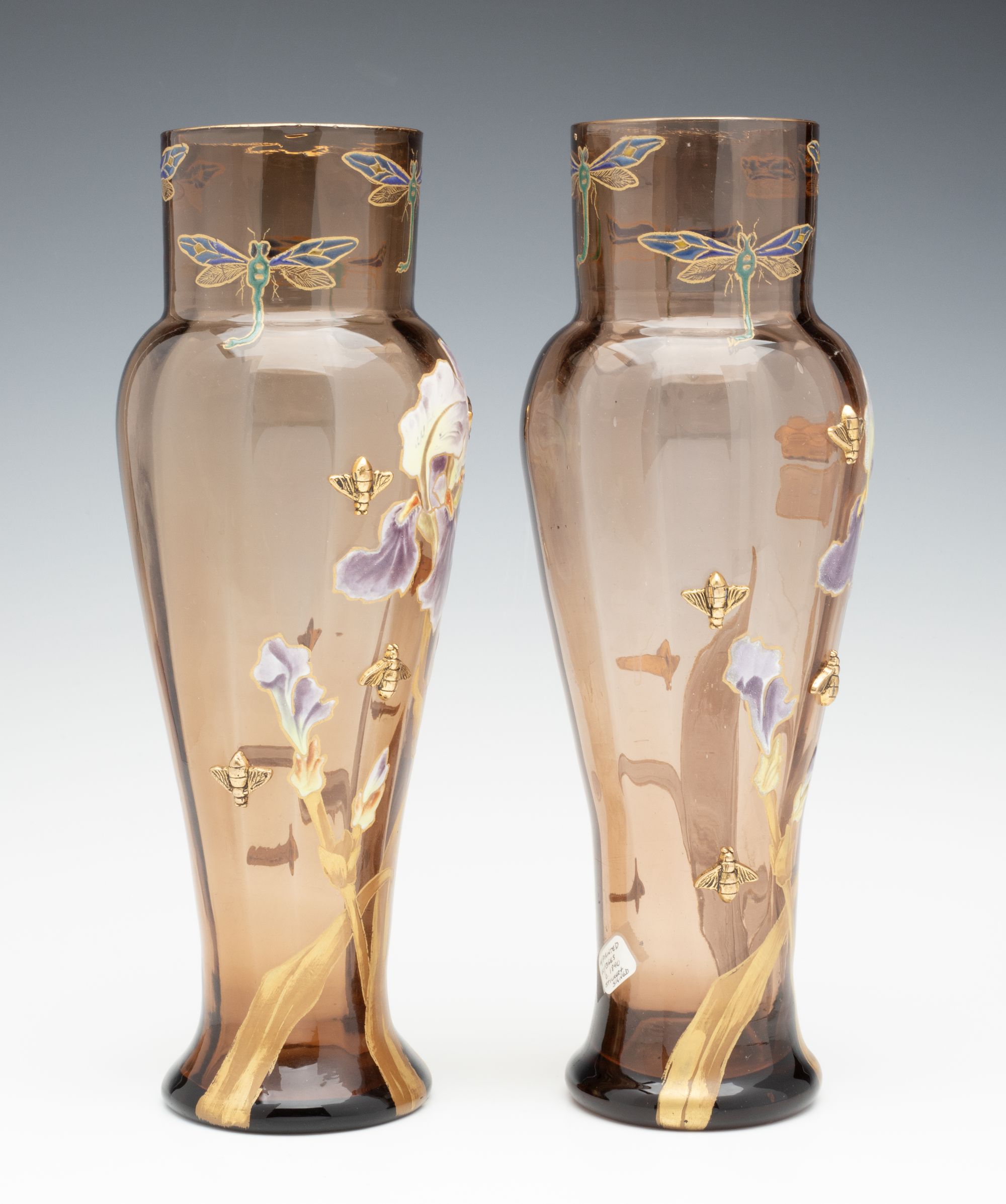 MOSER ART NOUVEAU ENAMELD VASE PAIR WITH GILDED BEES