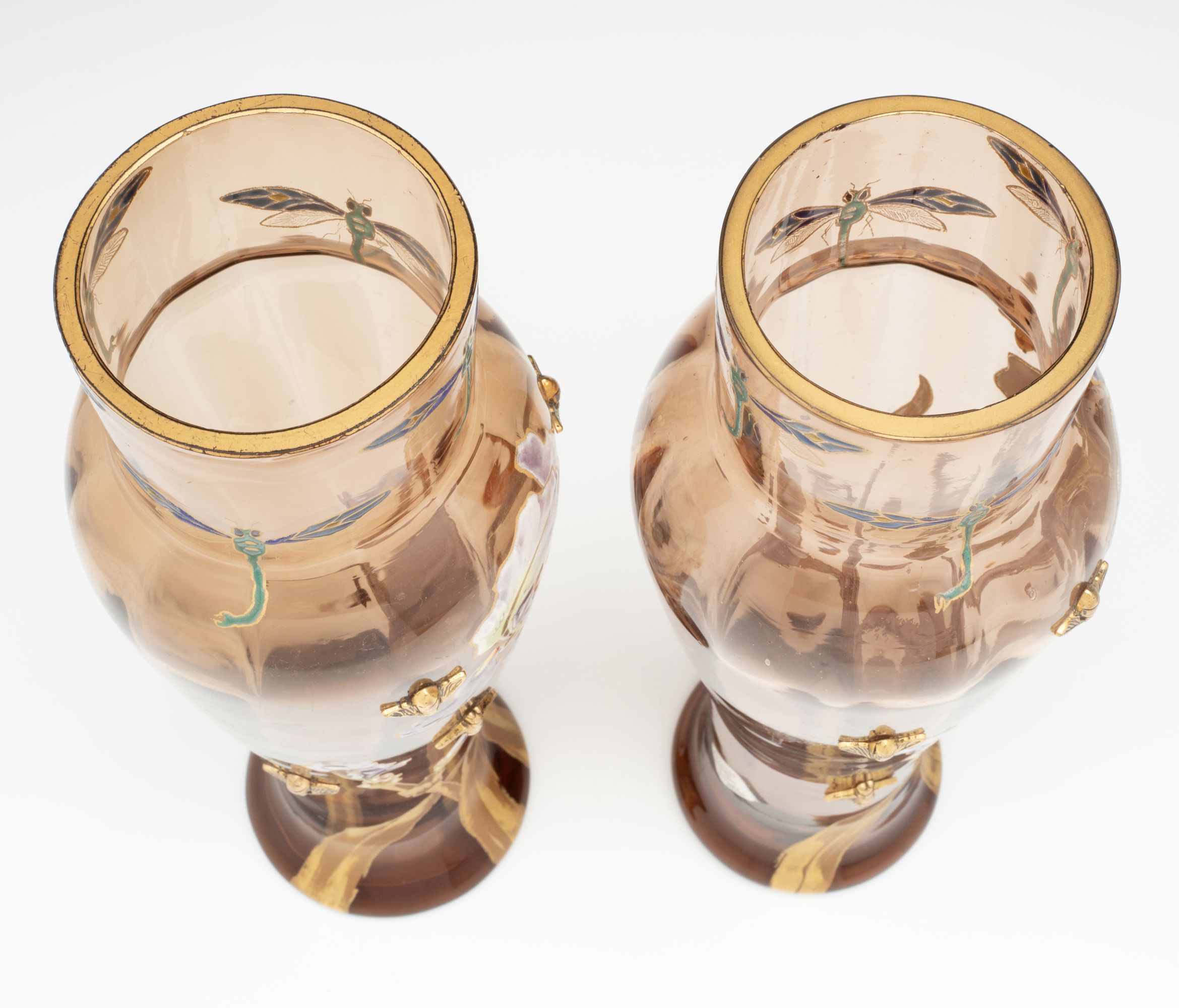 MOSER ART NOUVEAU ENAMELD VASE PAIR WITH GILDED BEES