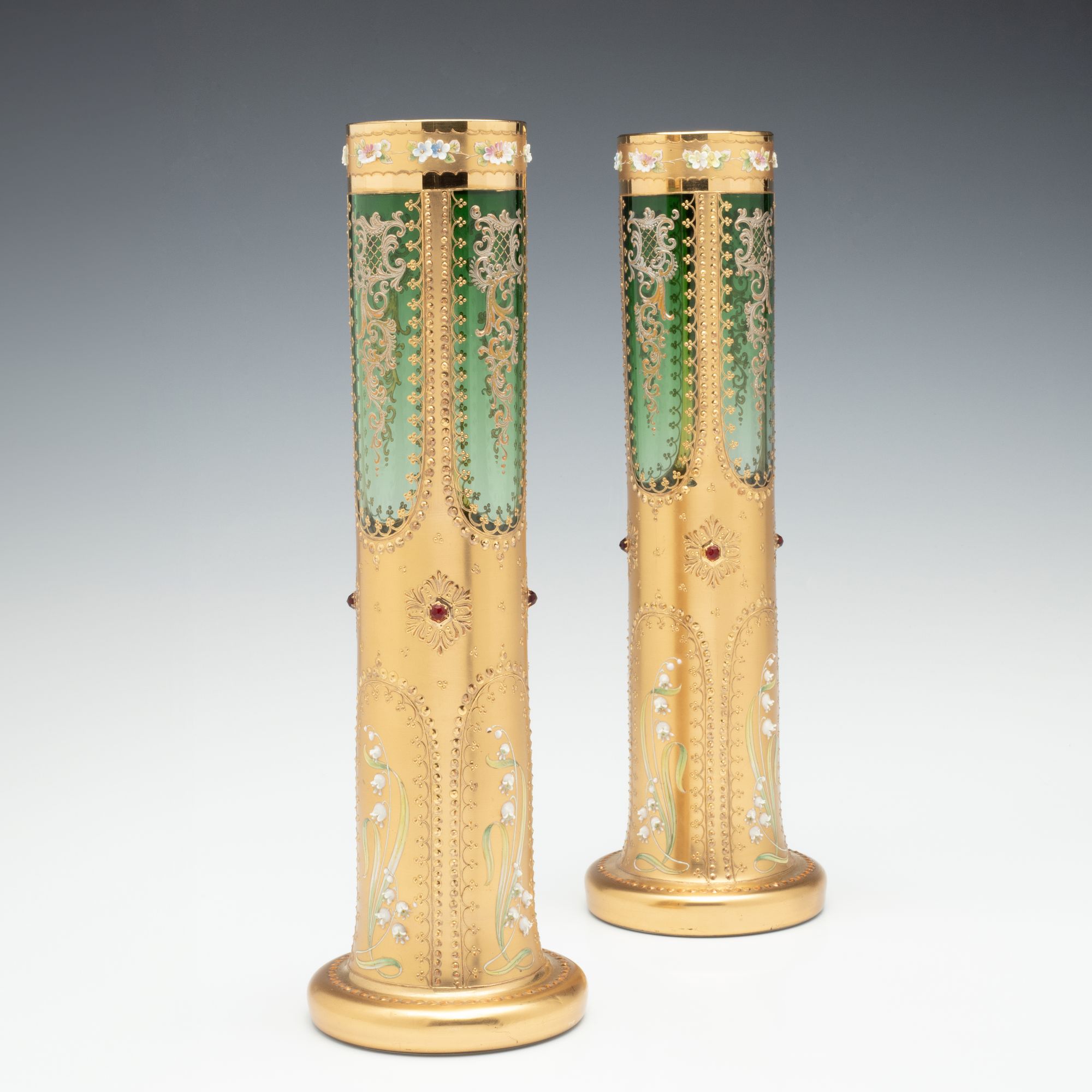 A MOSER VASE PAIR DECORATED IN MULTIPLE TECHNIQUES