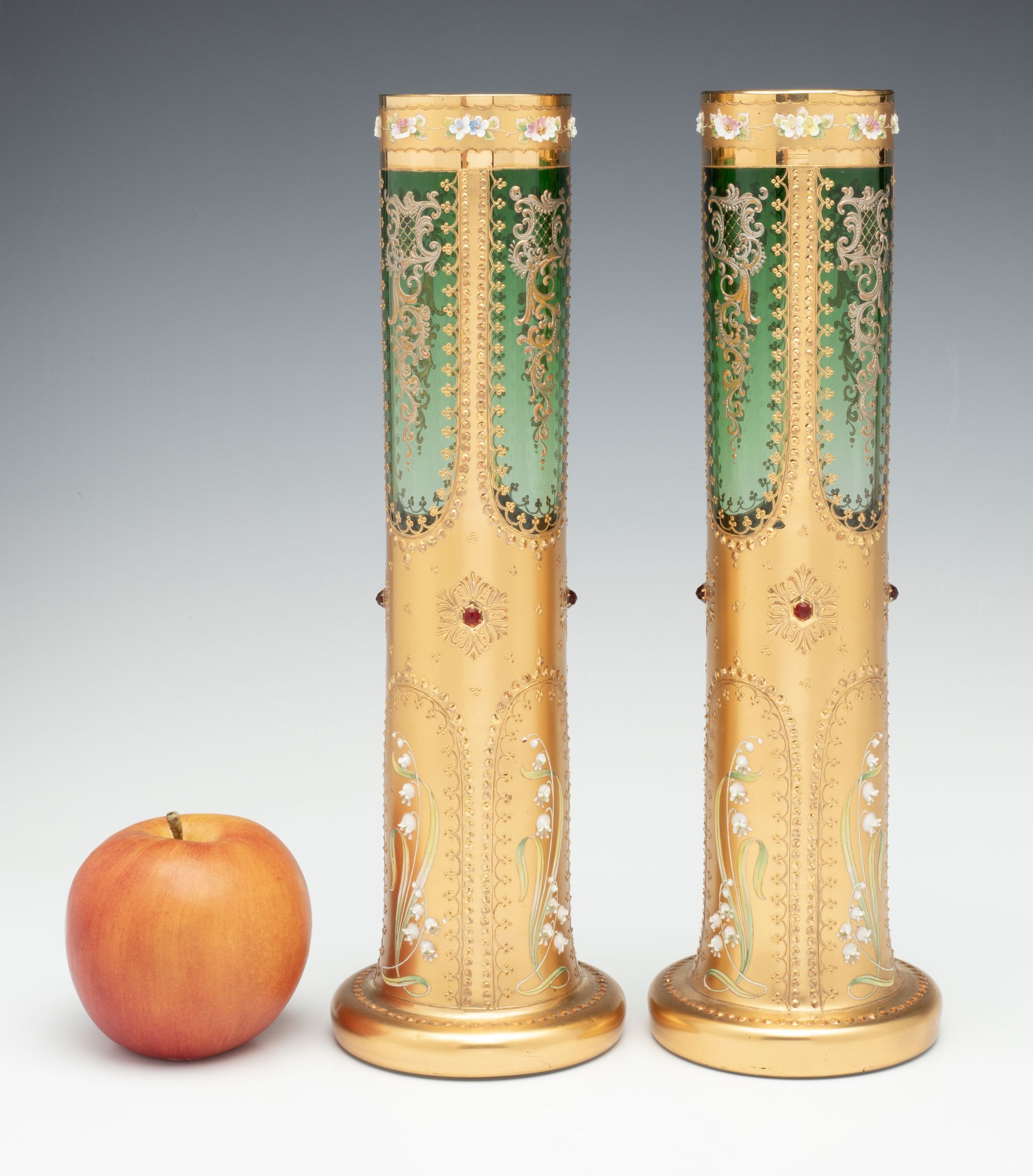 A MOSER VASE PAIR DECORATED IN MULTIPLE TECHNIQUES