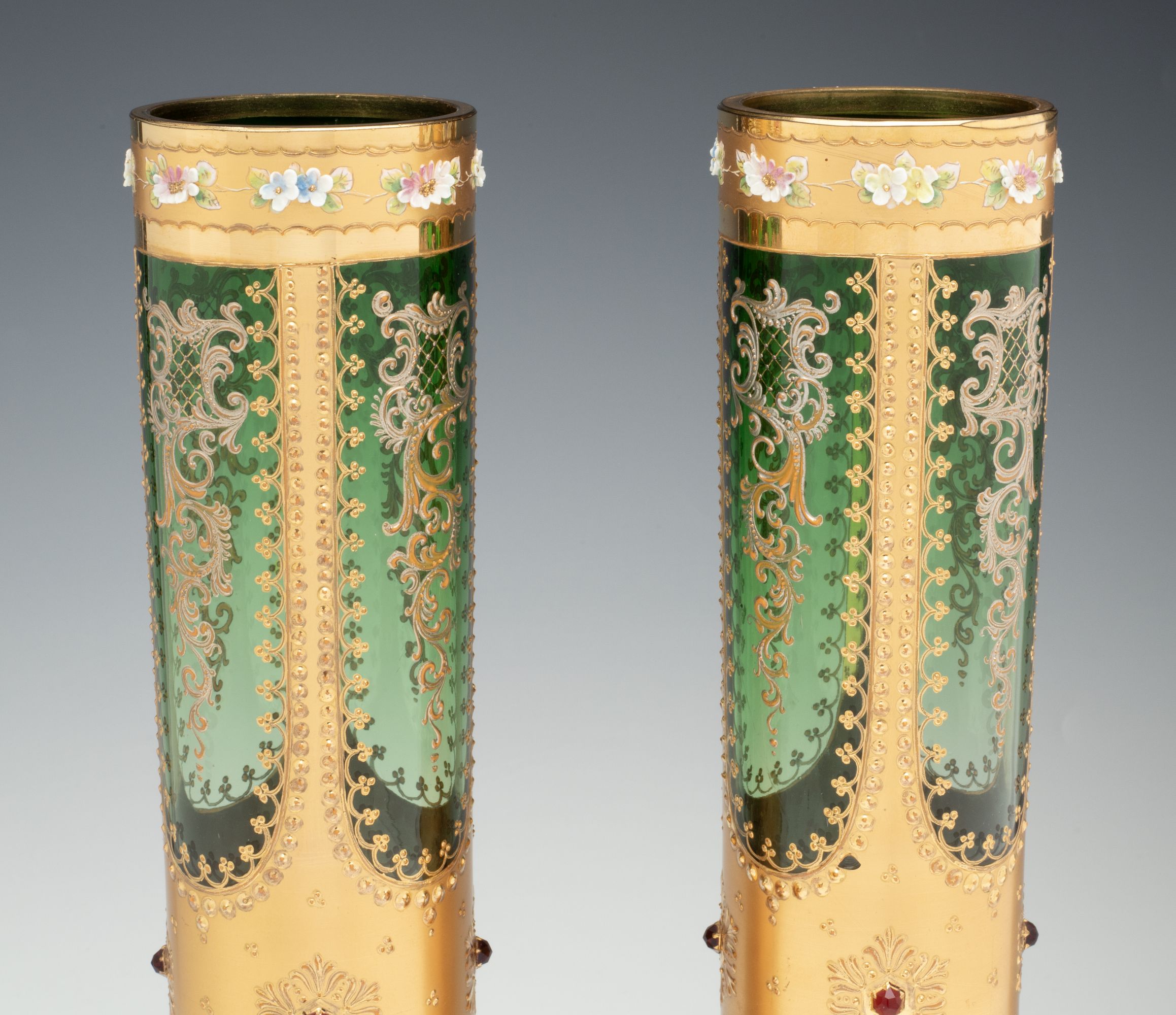 A MOSER VASE PAIR DECORATED IN MULTIPLE TECHNIQUES