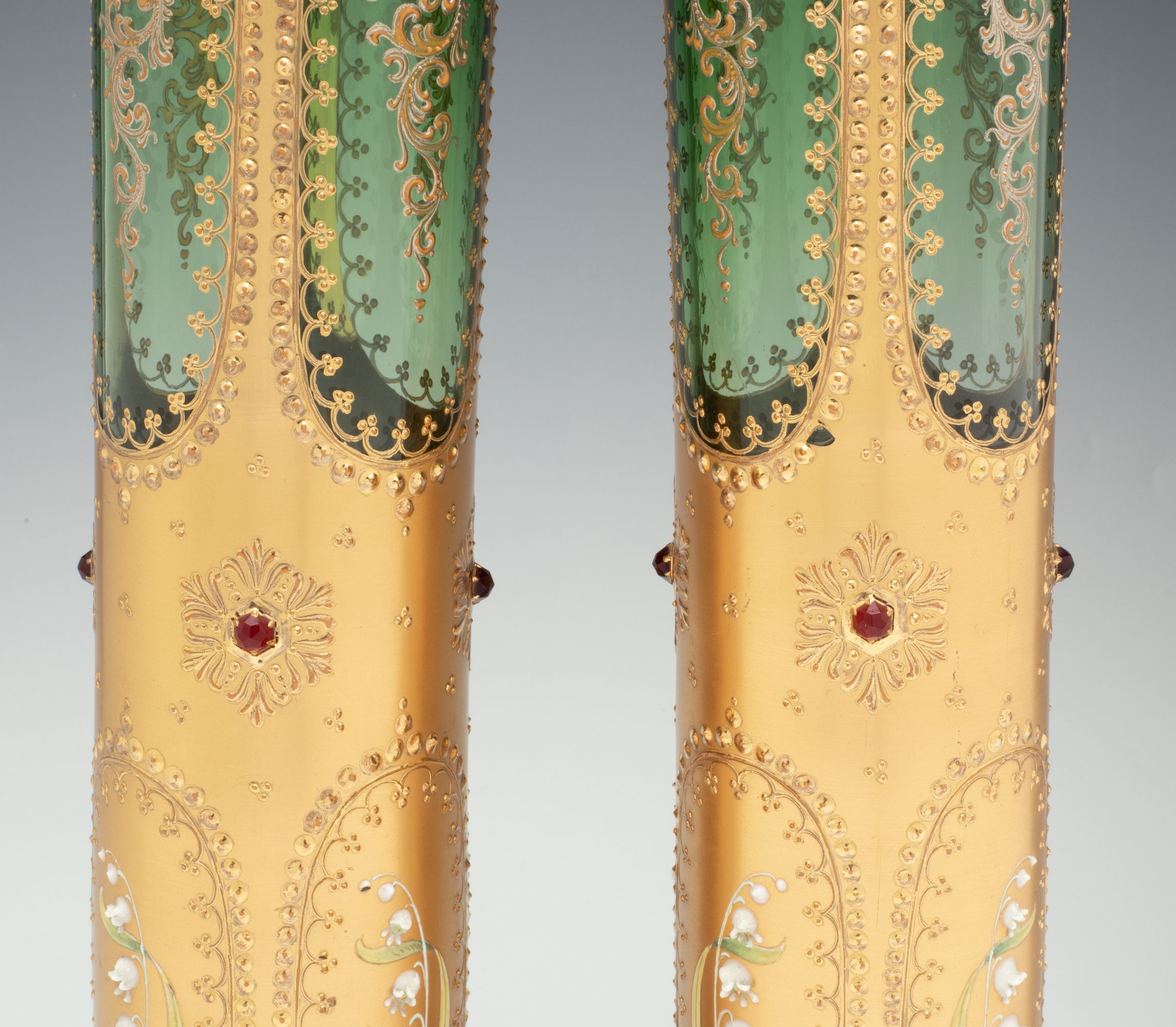 A MOSER VASE PAIR DECORATED IN MULTIPLE TECHNIQUES