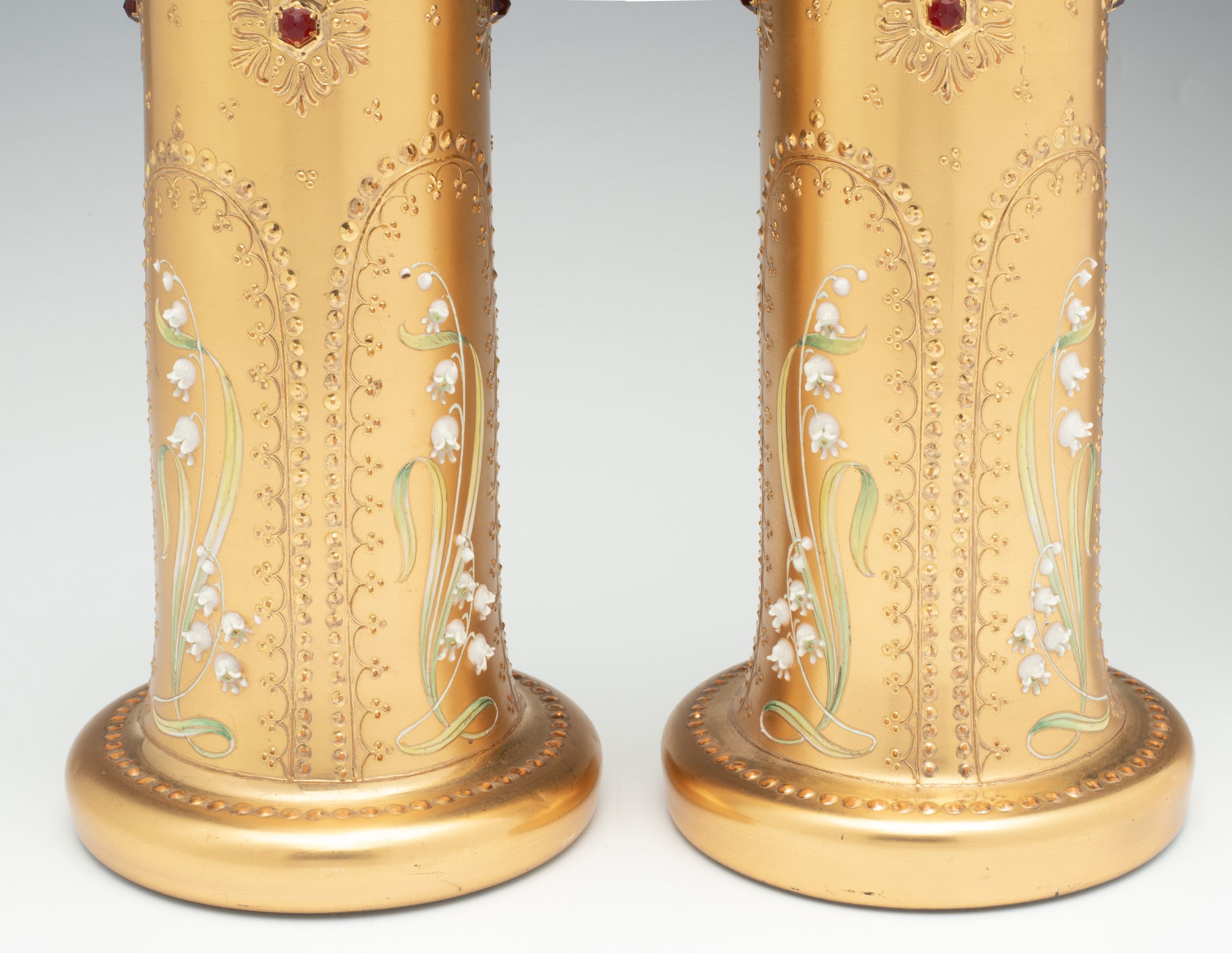 A MOSER VASE PAIR DECORATED IN MULTIPLE TECHNIQUES