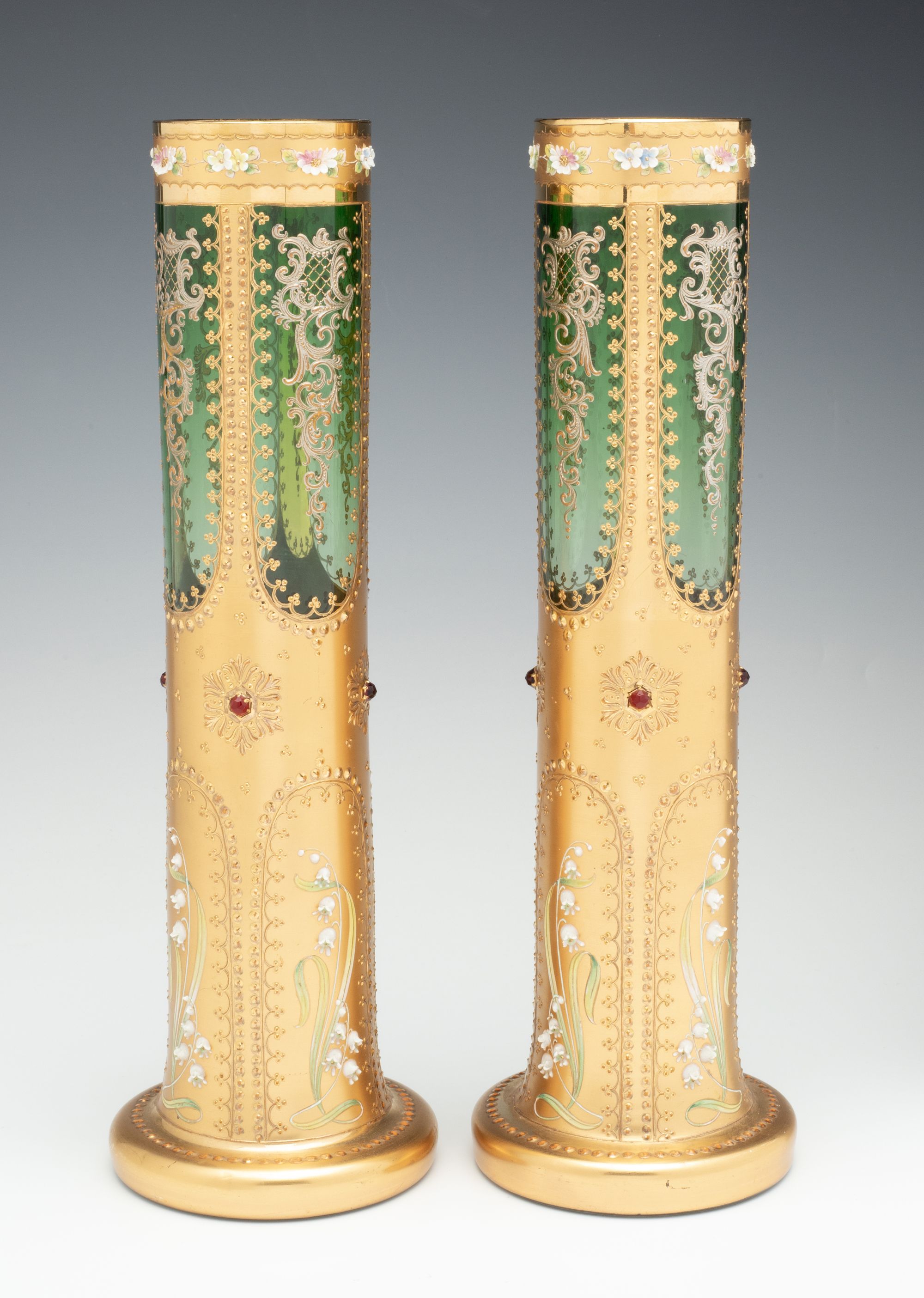 A MOSER VASE PAIR DECORATED IN MULTIPLE TECHNIQUES