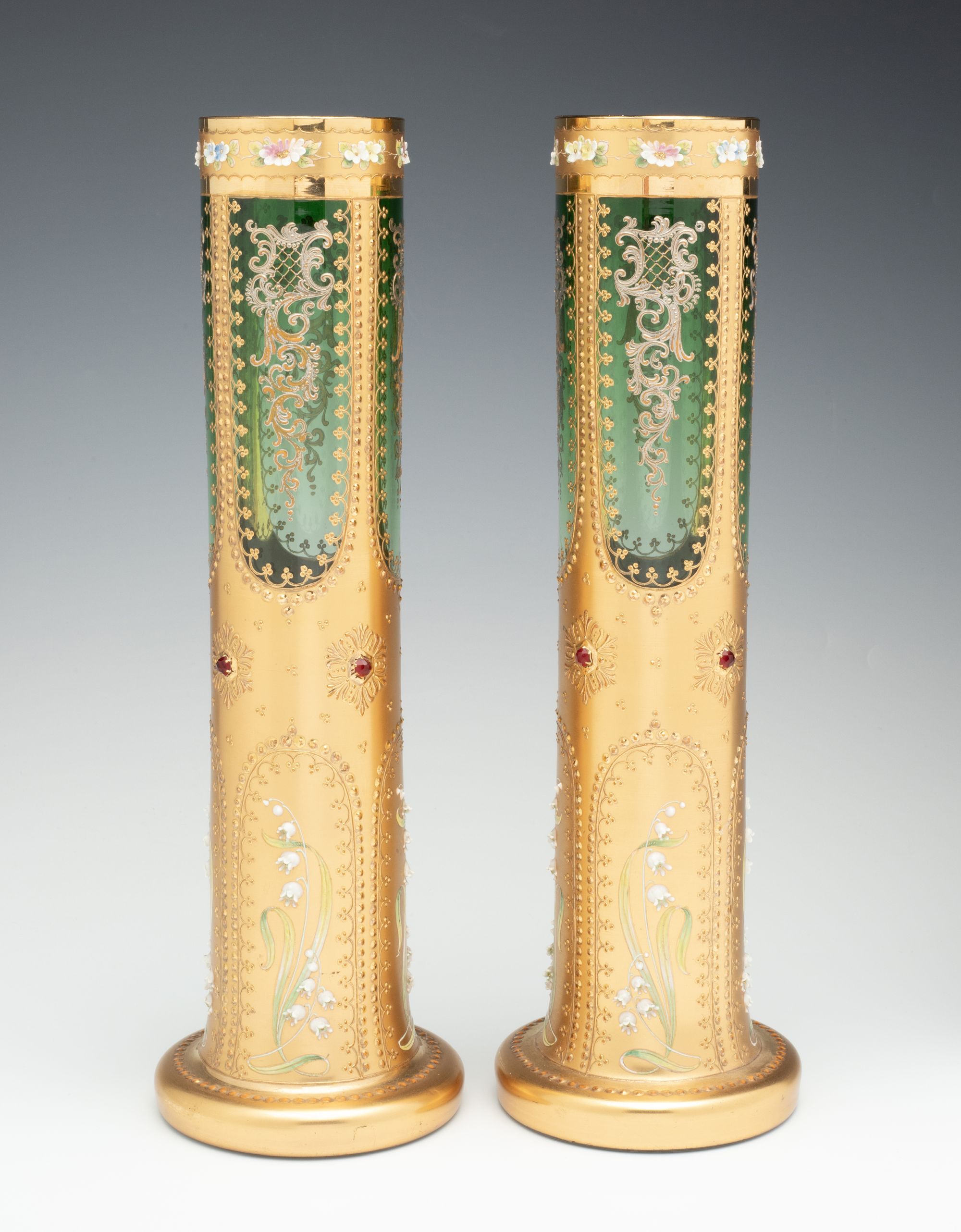 A MOSER VASE PAIR DECORATED IN MULTIPLE TECHNIQUES