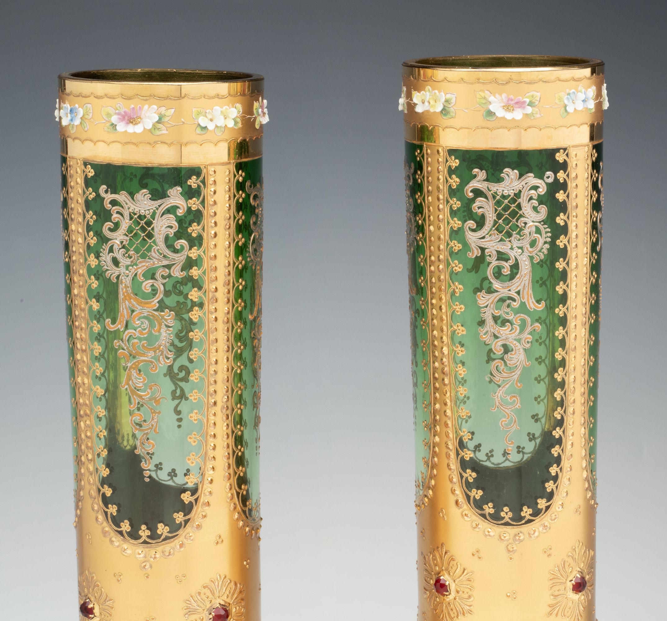 A MOSER VASE PAIR DECORATED IN MULTIPLE TECHNIQUES