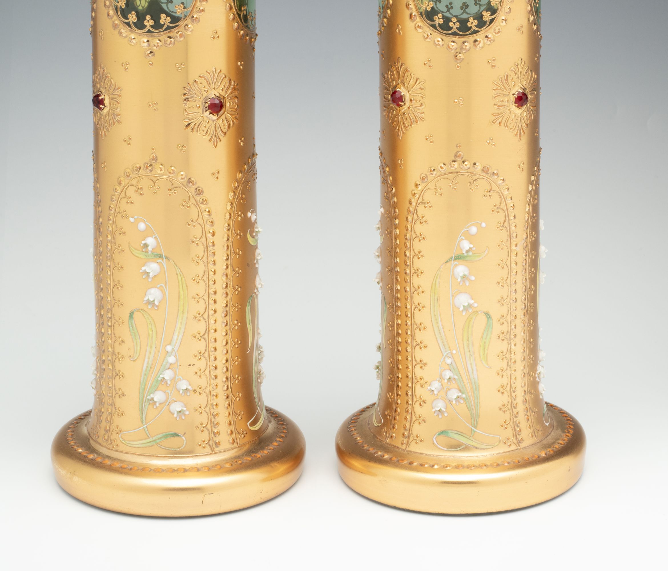 A MOSER VASE PAIR DECORATED IN MULTIPLE TECHNIQUES