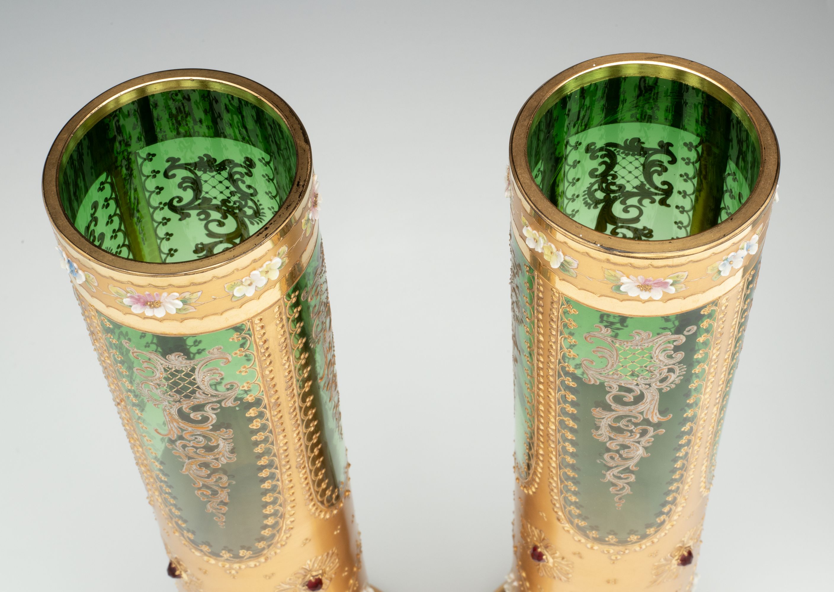 A MOSER VASE PAIR DECORATED IN MULTIPLE TECHNIQUES