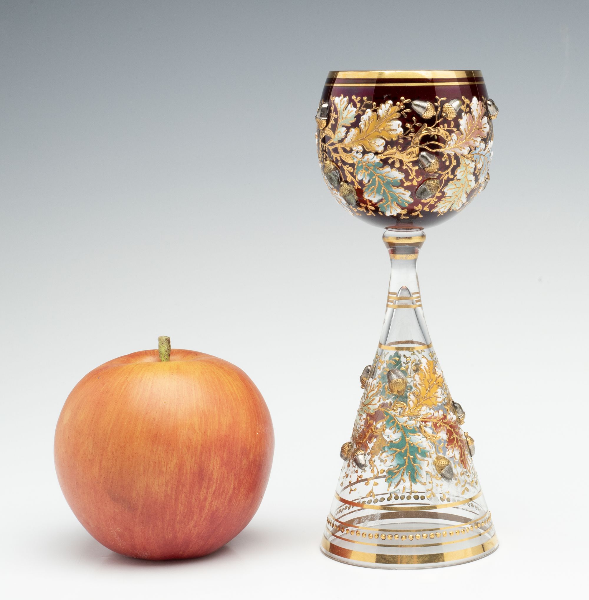 A VERY UNUSUAL MOSER GOBLET WITH ACORNS AND ENAMELS