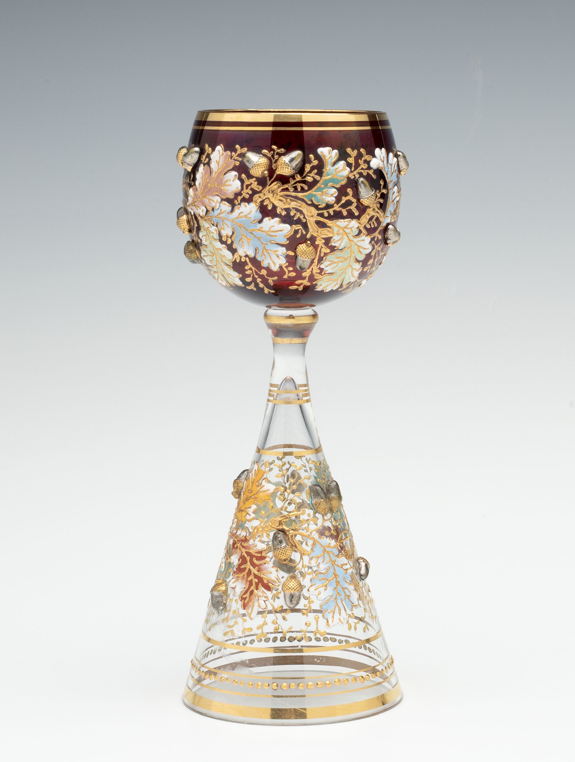 A VERY UNUSUAL MOSER GOBLET WITH ACORNS AND ENAMELS