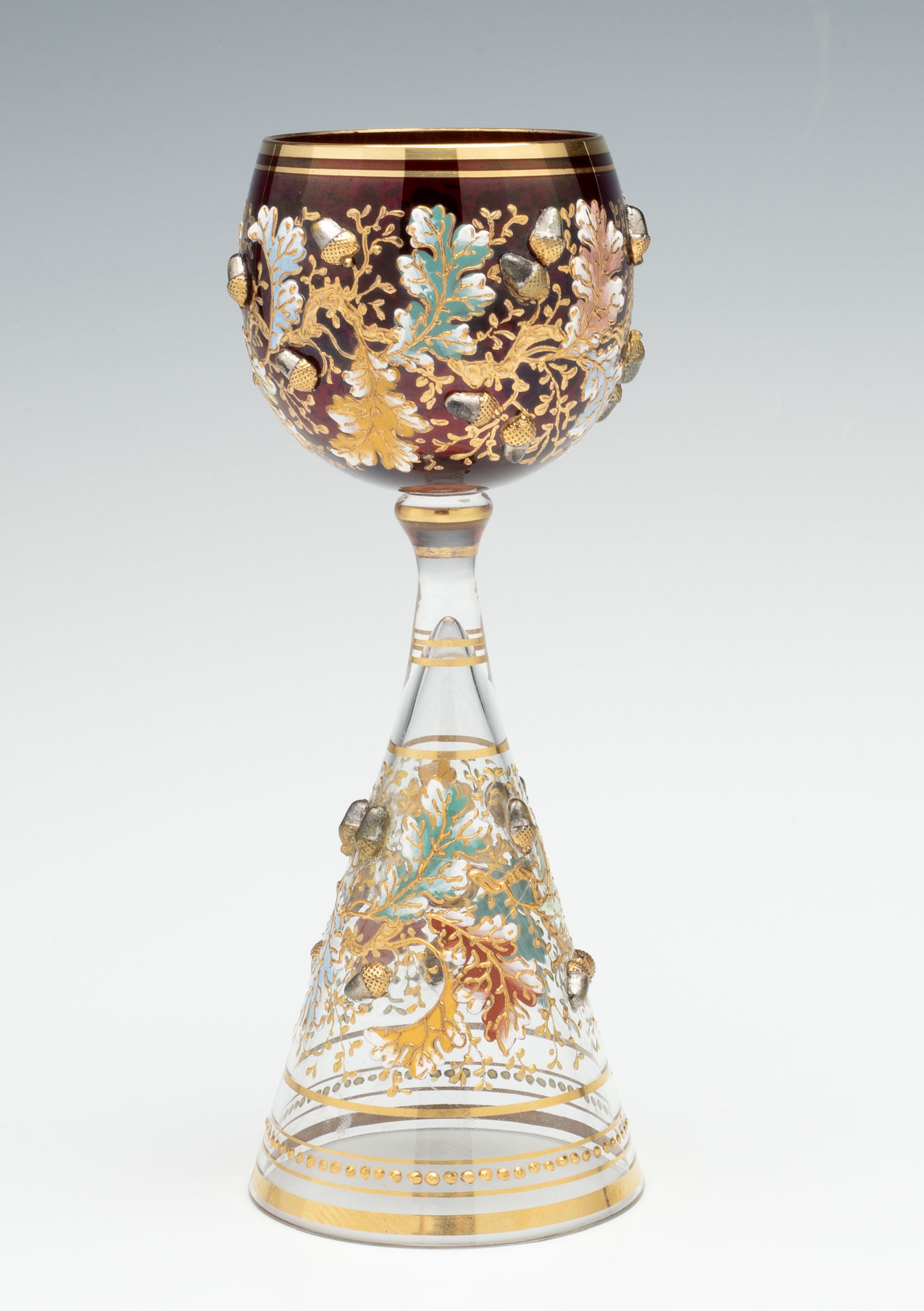 A VERY UNUSUAL MOSER GOBLET WITH ACORNS AND ENAMELS