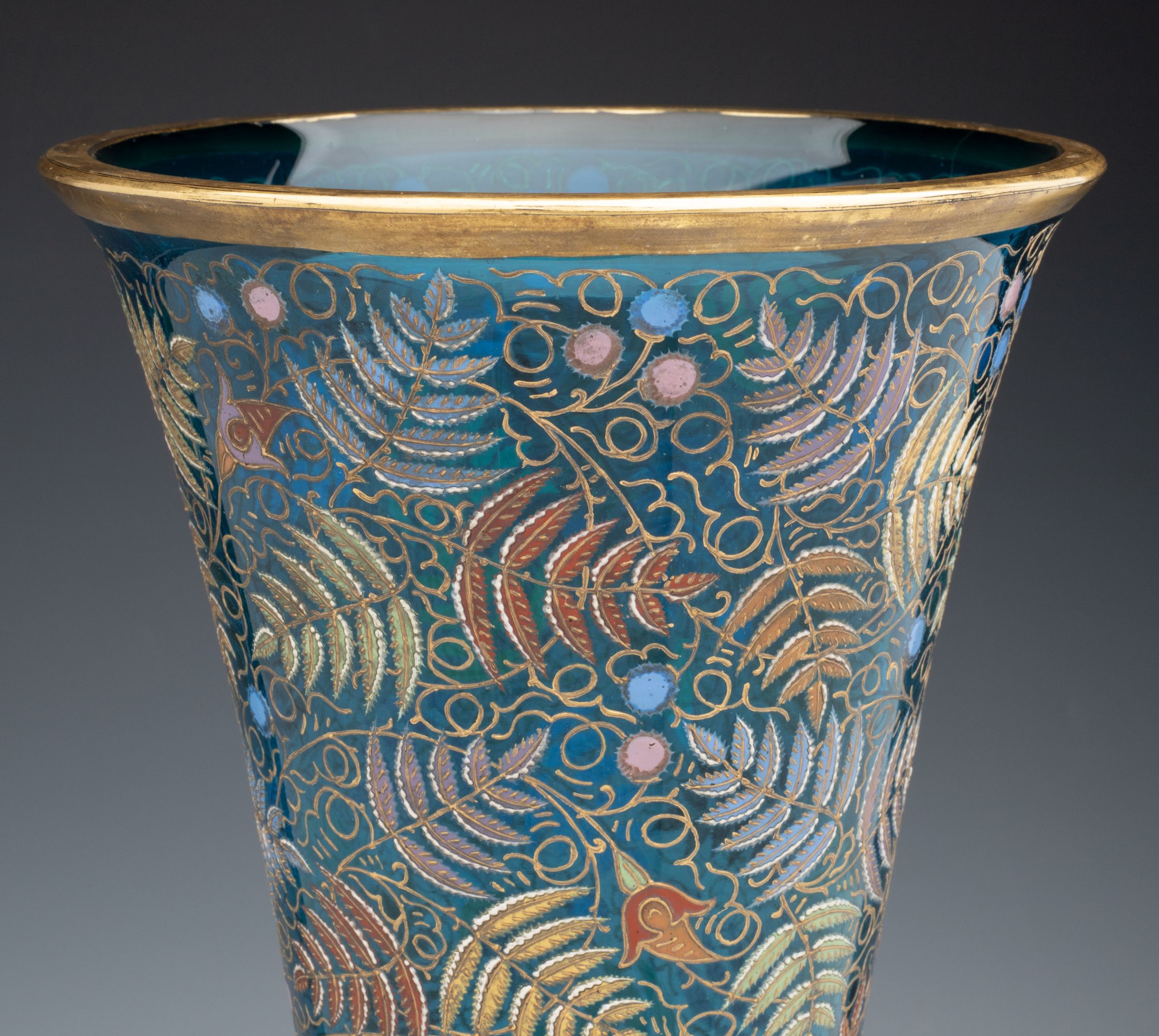 A MONUMENTAL MOSER GILT AND ENAMEL BLUE CRYSTAL VASE