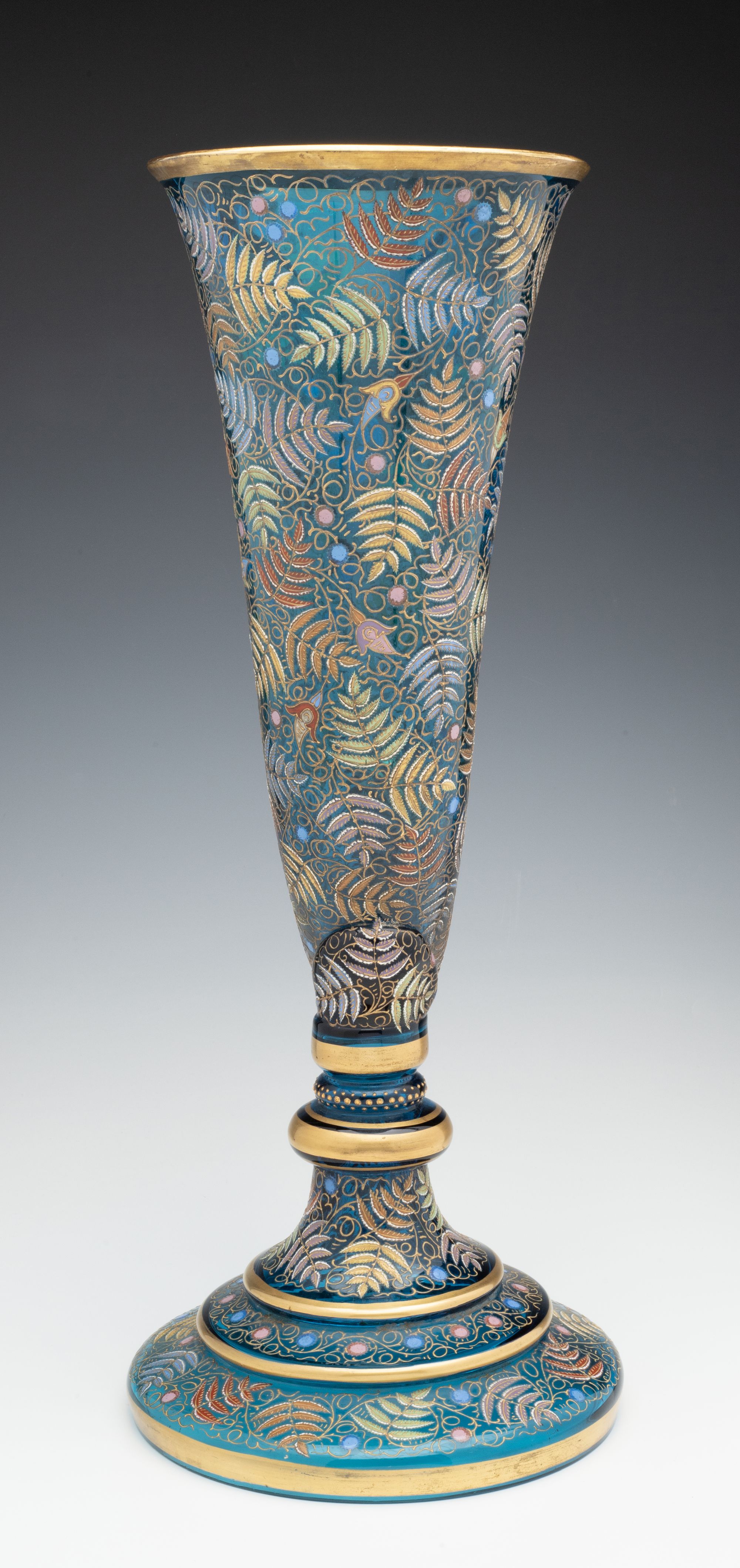 A MONUMENTAL MOSER GILT AND ENAMEL BLUE CRYSTAL VASE