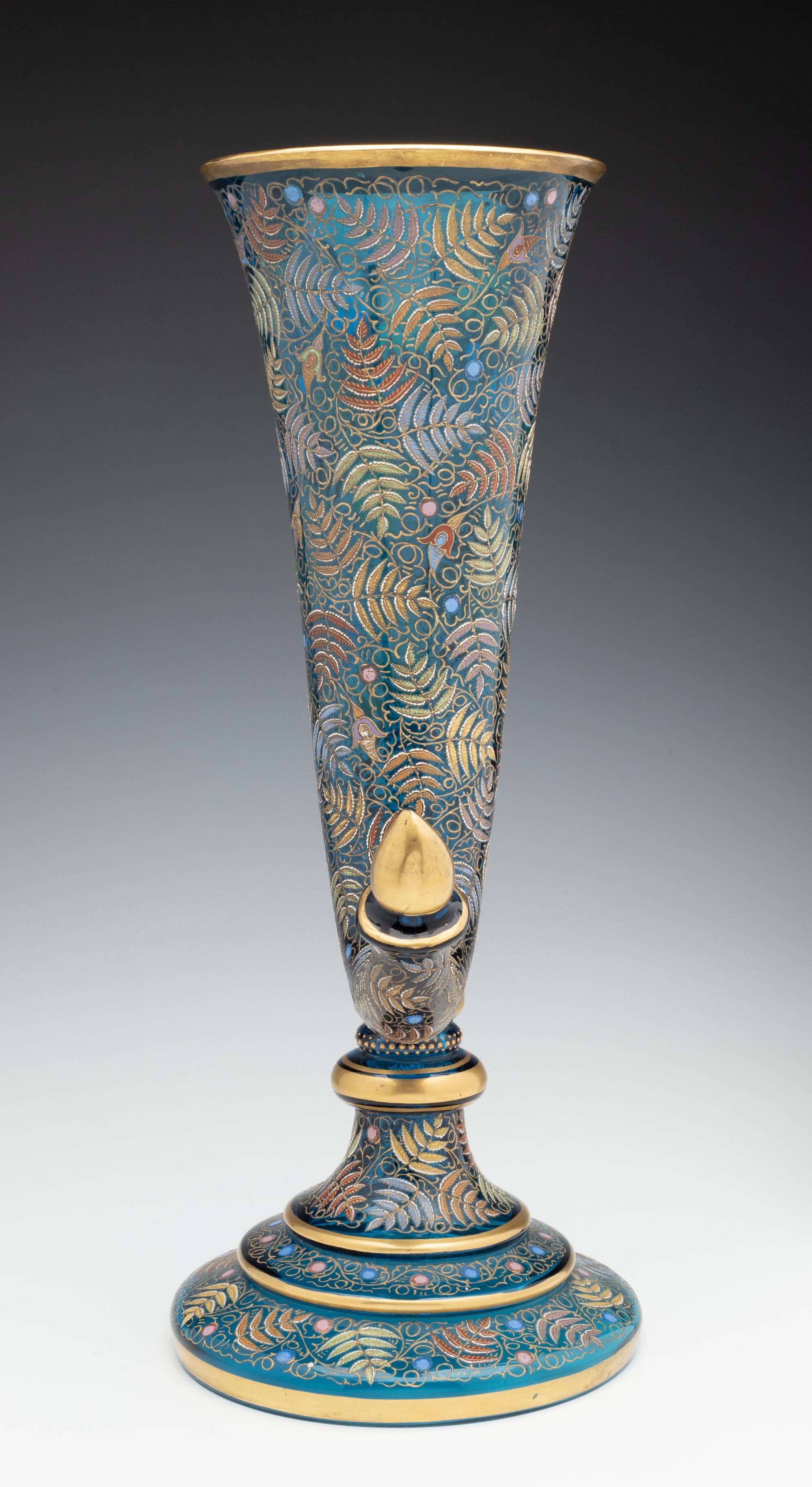 A MONUMENTAL MOSER GILT AND ENAMEL BLUE CRYSTAL VASE