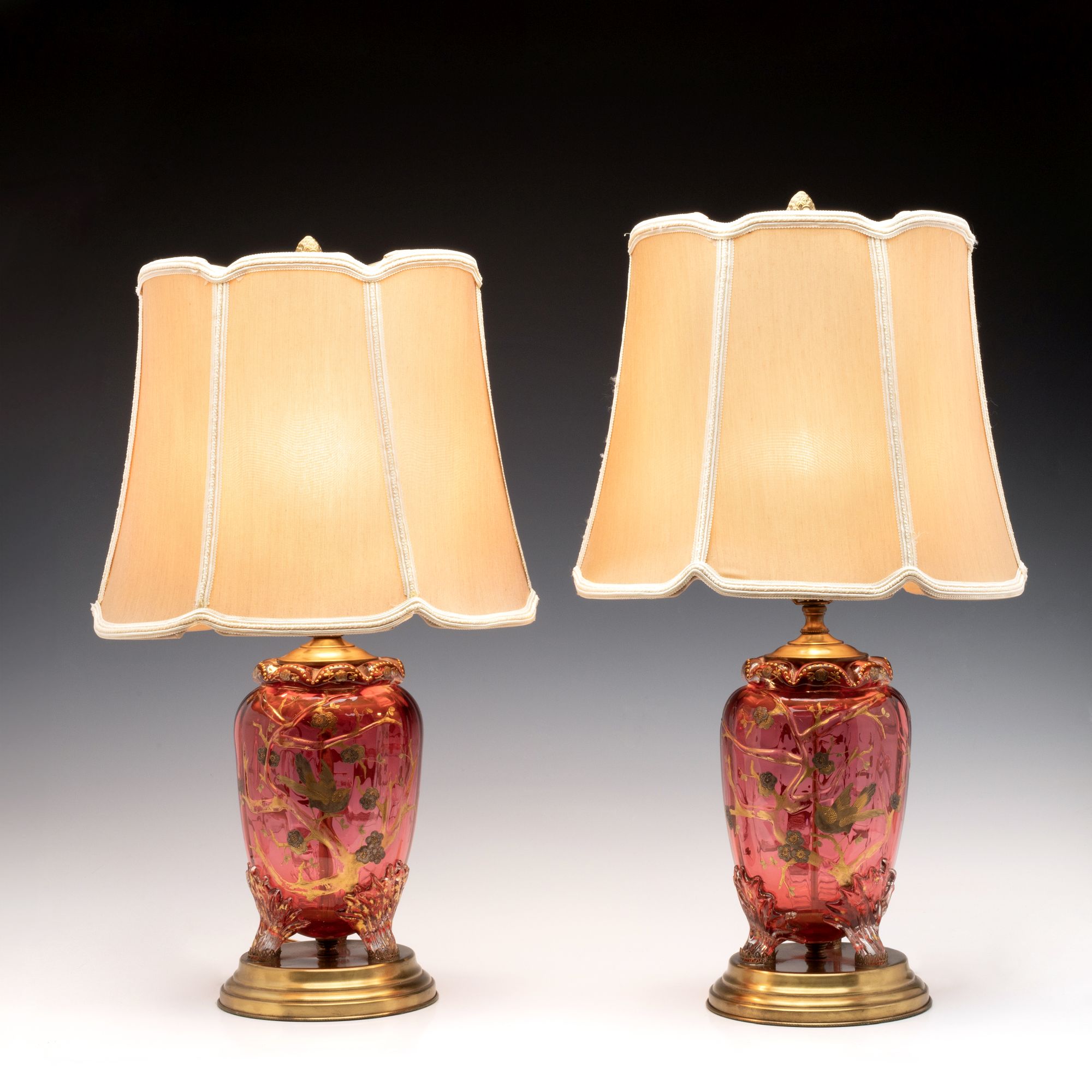 A PAIR OF MOSER / BOHEMIAN GLASS URNS, NOW TABLE LAMPS