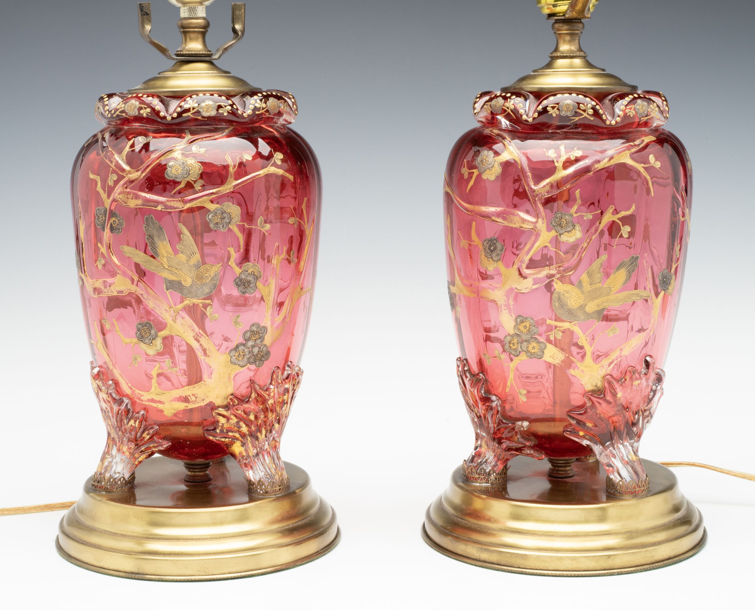 A PAIR OF MOSER / BOHEMIAN GLASS URNS, NOW TABLE LAMPS