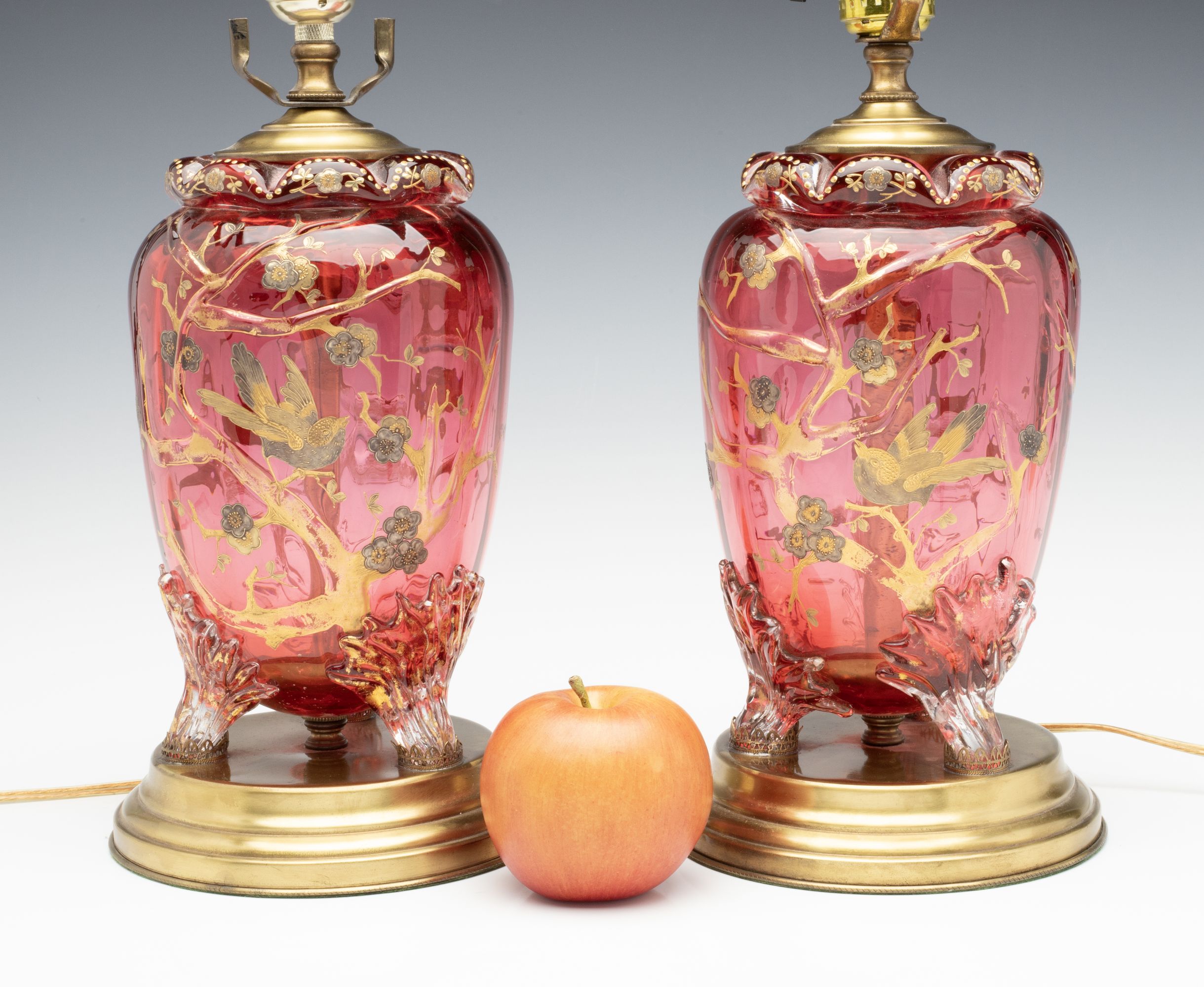 A PAIR OF MOSER / BOHEMIAN GLASS URNS, NOW TABLE LAMPS