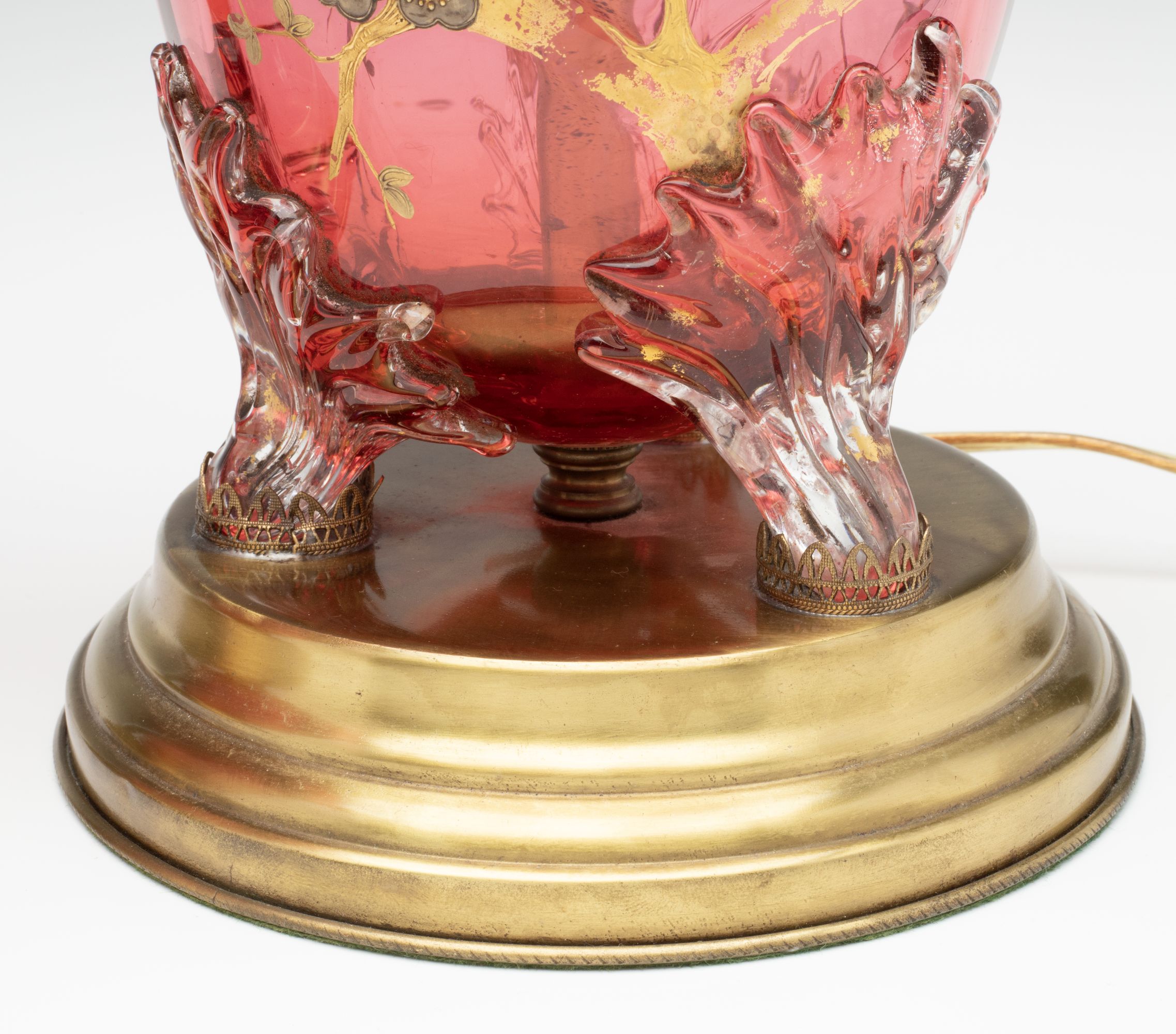 A PAIR OF MOSER / BOHEMIAN GLASS URNS, NOW TABLE LAMPS