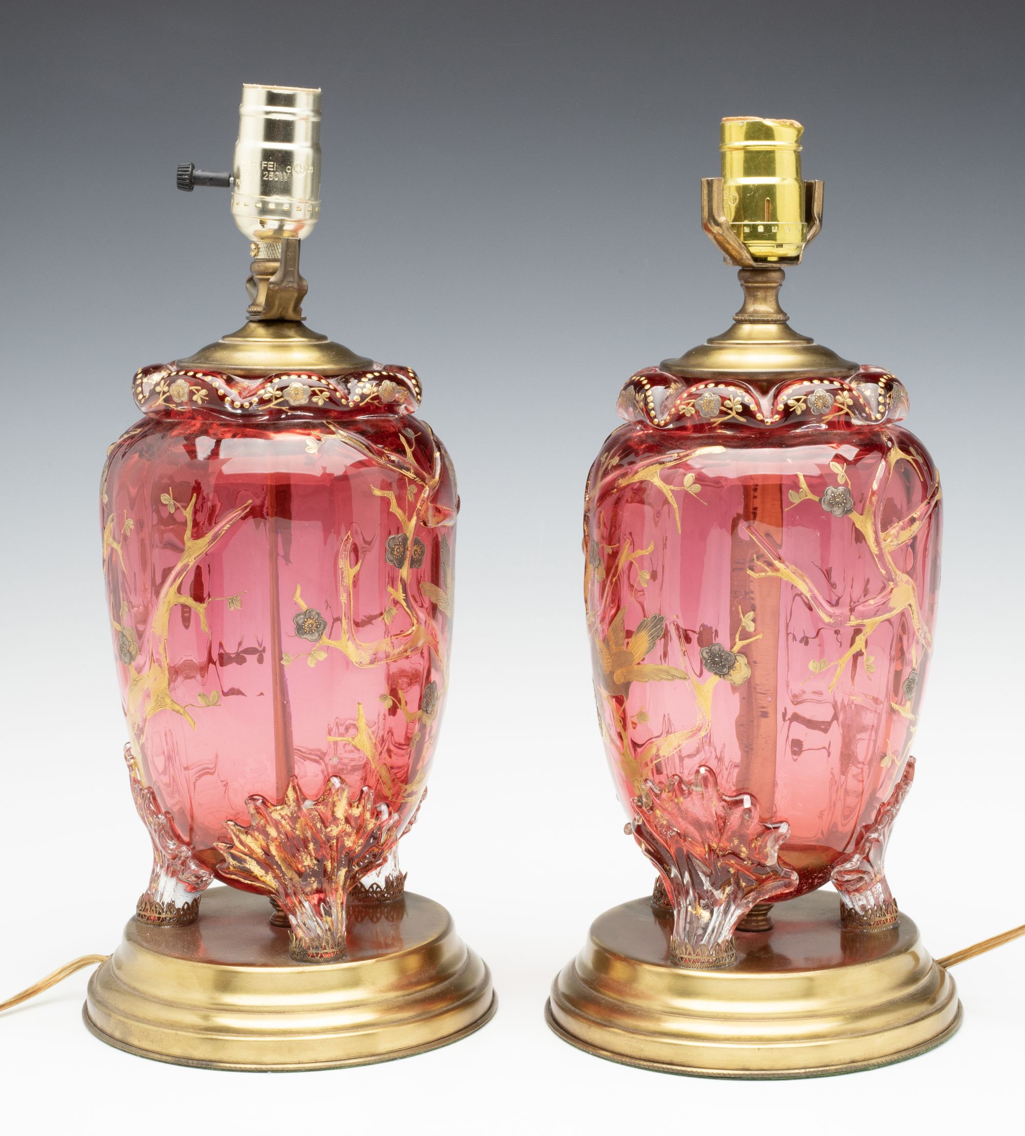 A PAIR OF MOSER / BOHEMIAN GLASS URNS, NOW TABLE LAMPS