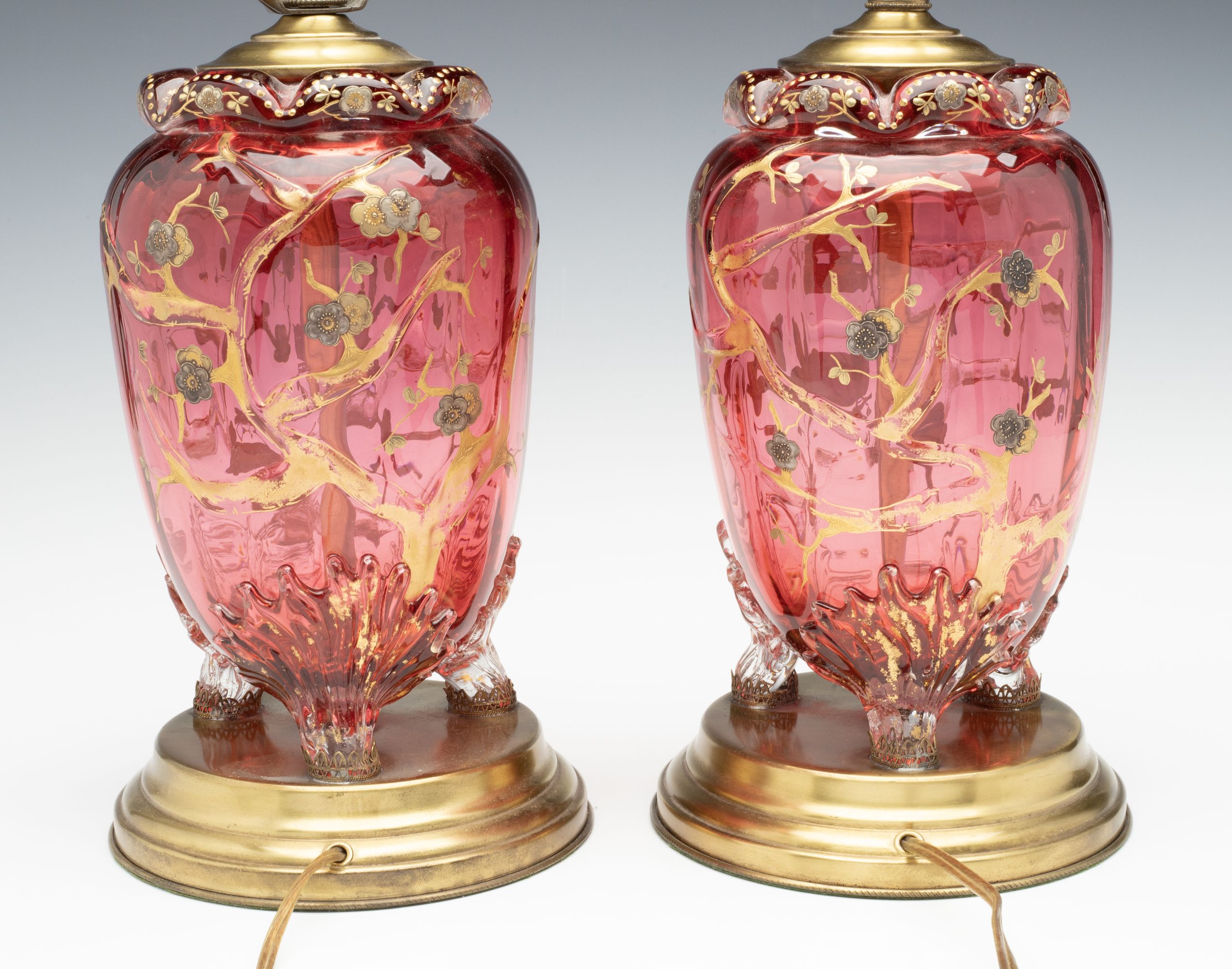 A PAIR OF MOSER / BOHEMIAN GLASS URNS, NOW TABLE LAMPS