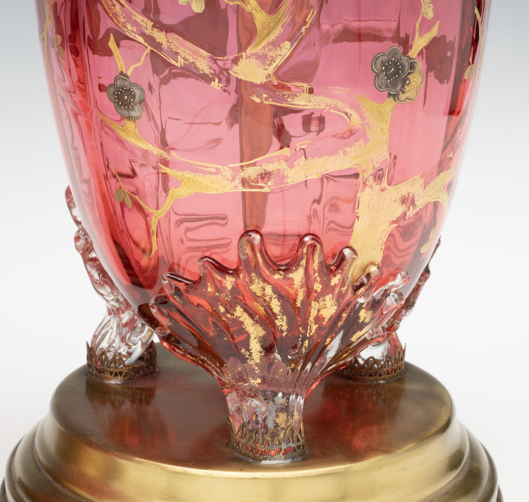 A PAIR OF MOSER / BOHEMIAN GLASS URNS, NOW TABLE LAMPS