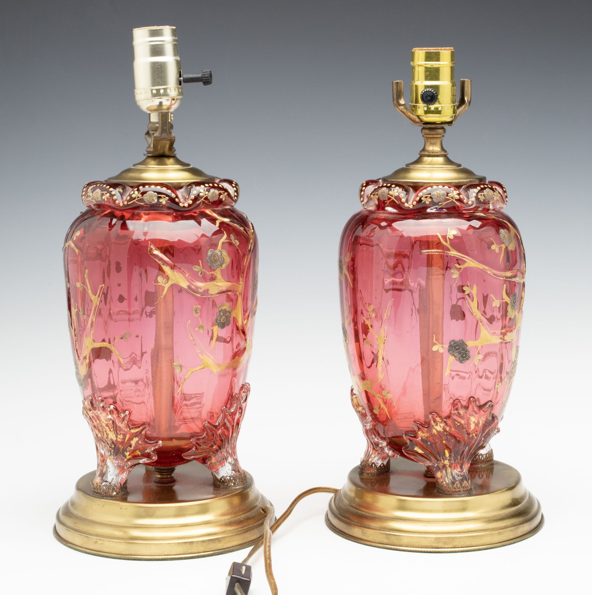 A PAIR OF MOSER / BOHEMIAN GLASS URNS, NOW TABLE LAMPS