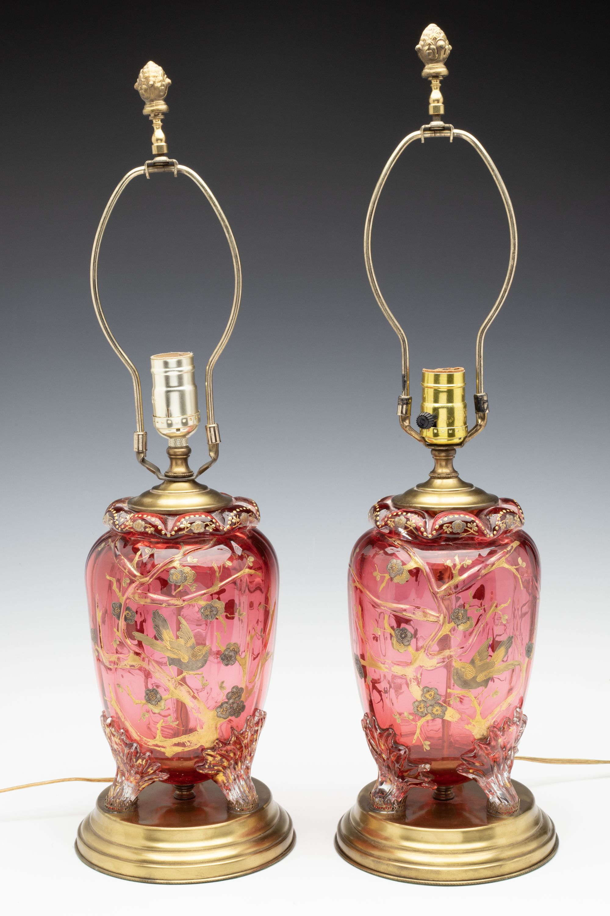 A PAIR OF MOSER / BOHEMIAN GLASS URNS, NOW TABLE LAMPS