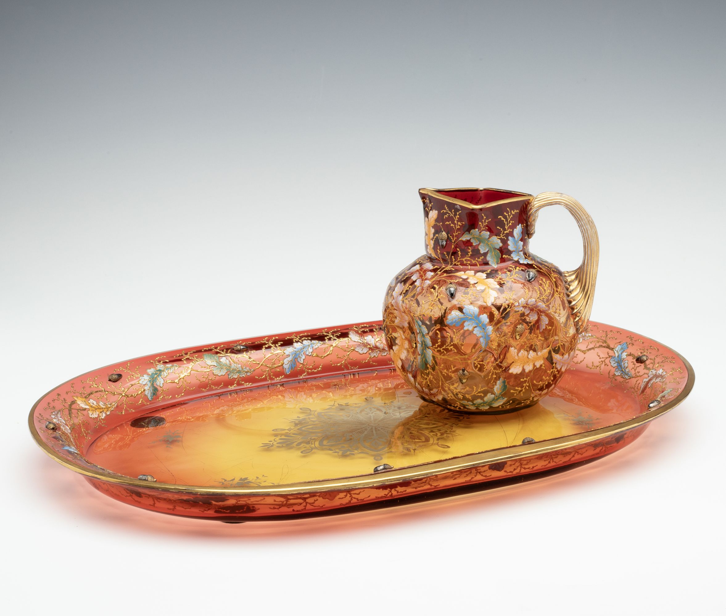 MOSER GILT AND ENAMEL AMBERINA JUG AND TRAY WITH ACORNS