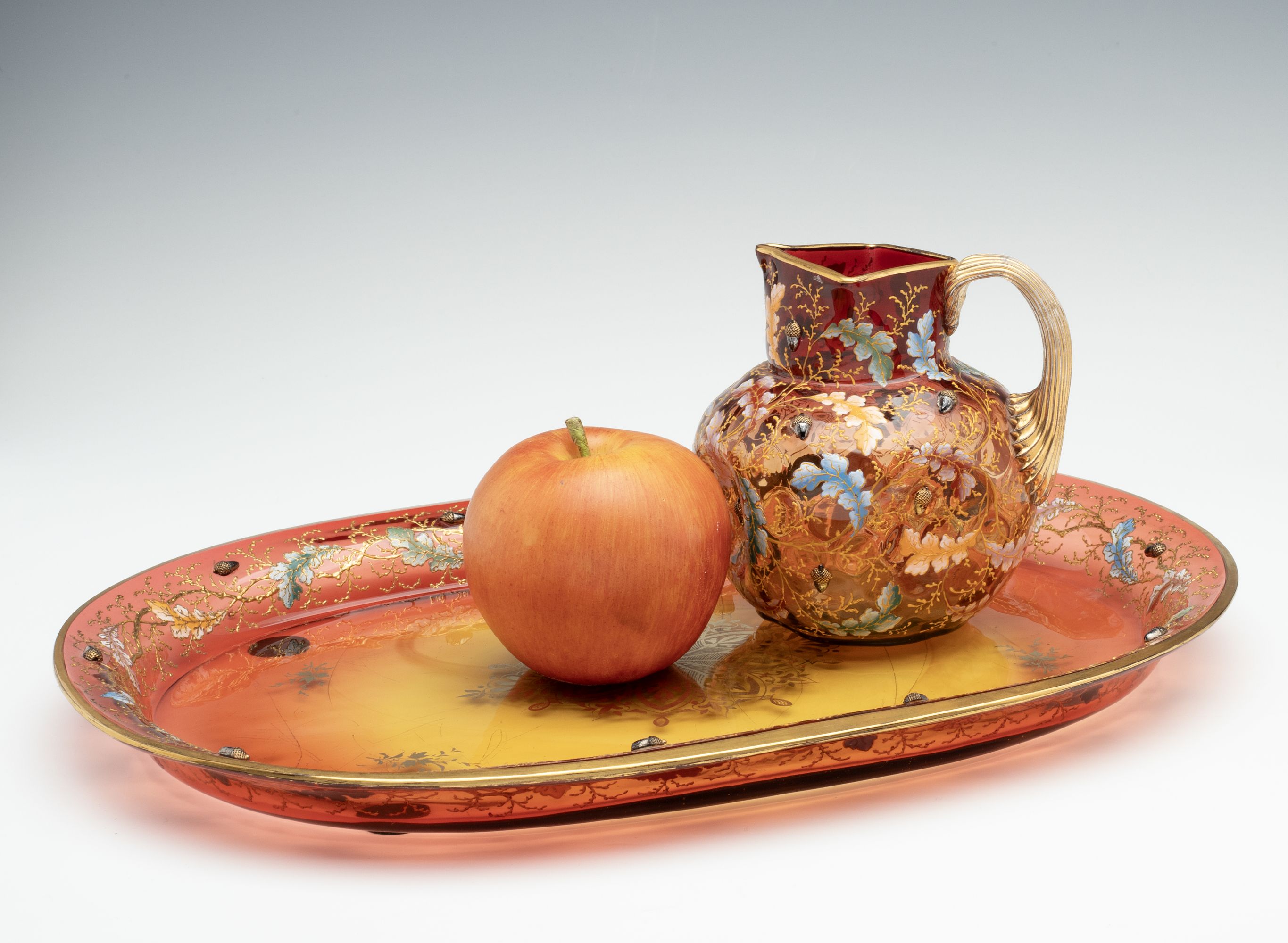 MOSER GILT AND ENAMEL AMBERINA JUG AND TRAY WITH ACORNS