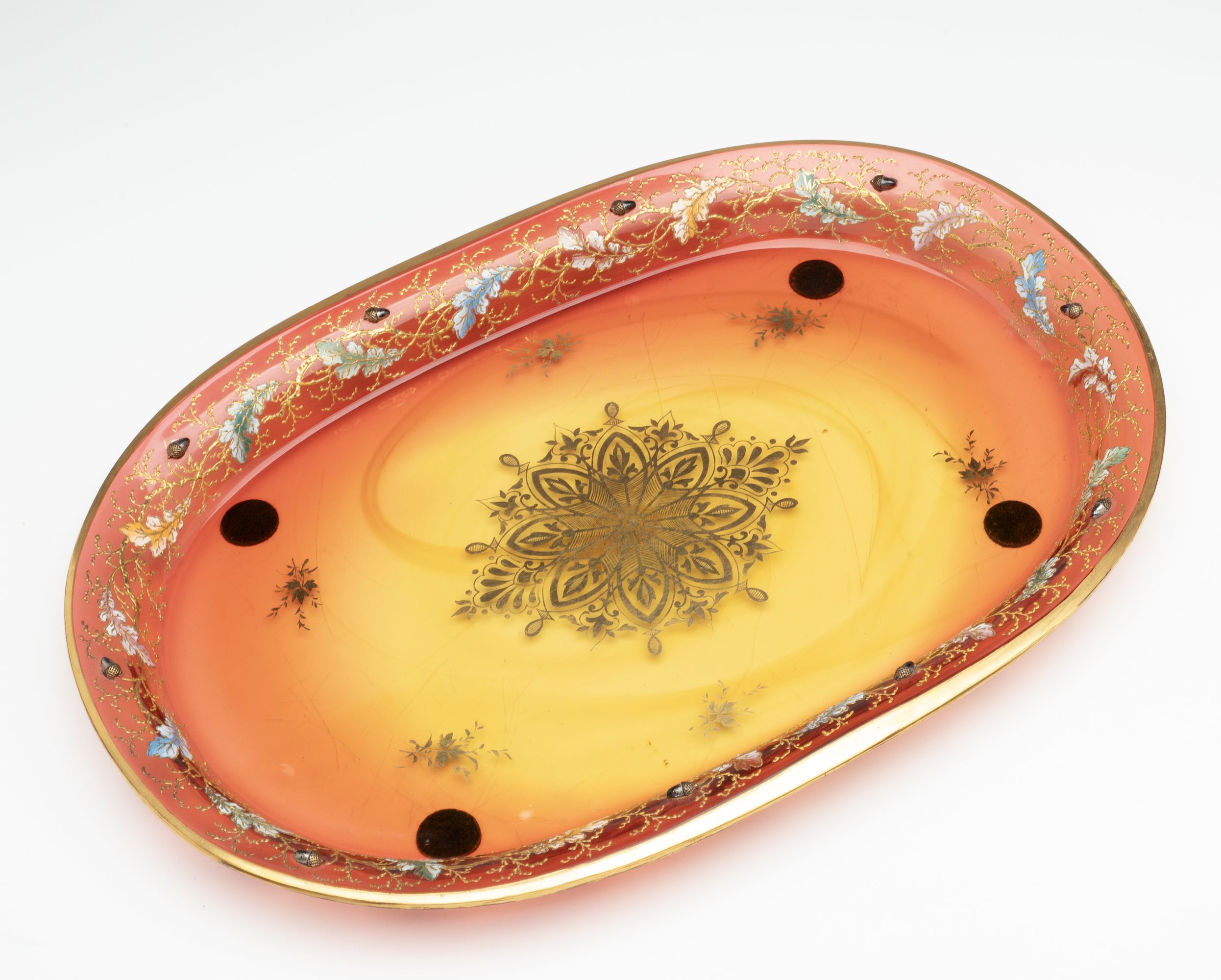 MOSER GILT AND ENAMEL AMBERINA JUG AND TRAY WITH ACORNS