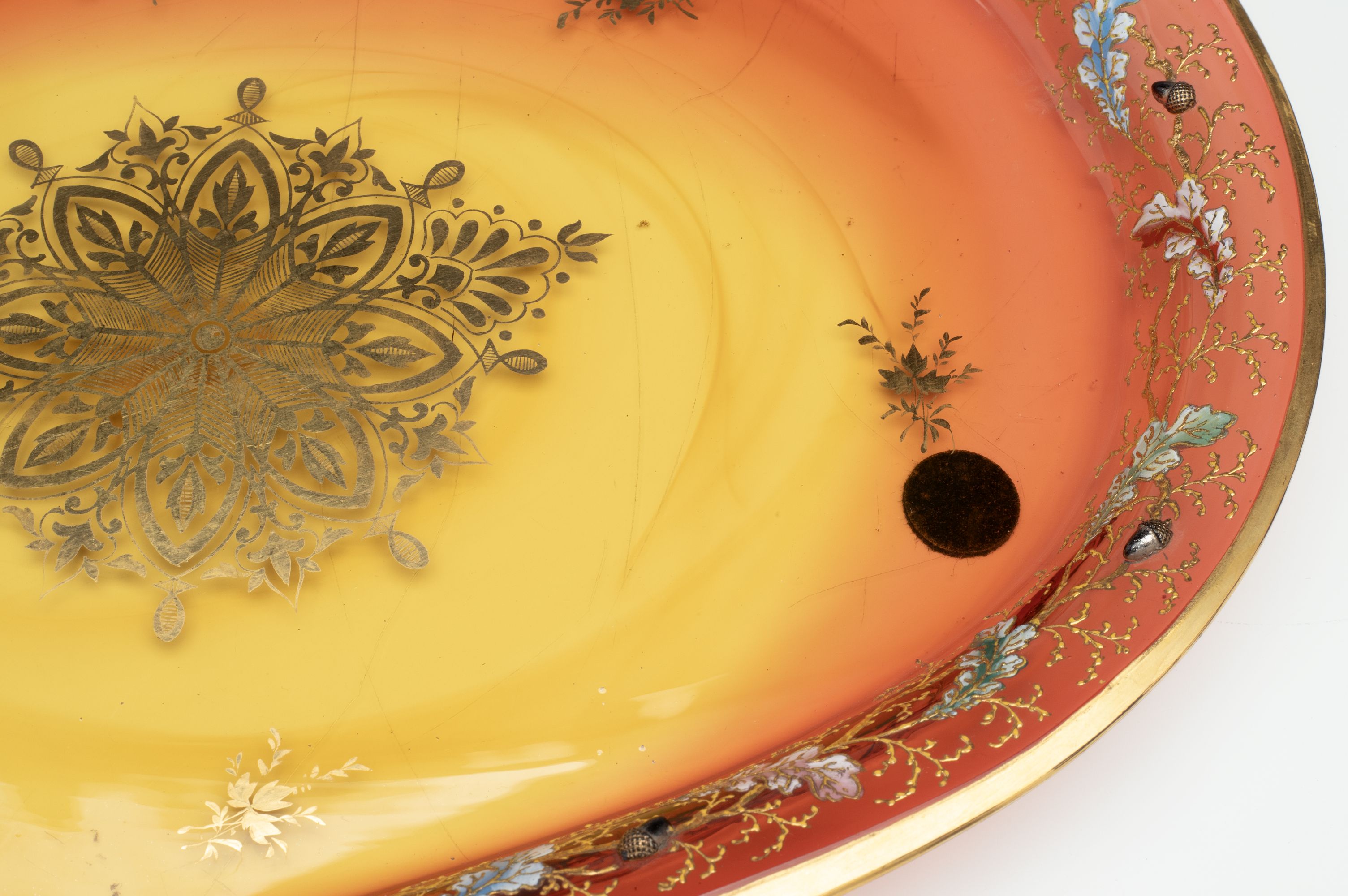 MOSER GILT AND ENAMEL AMBERINA JUG AND TRAY WITH ACORNS