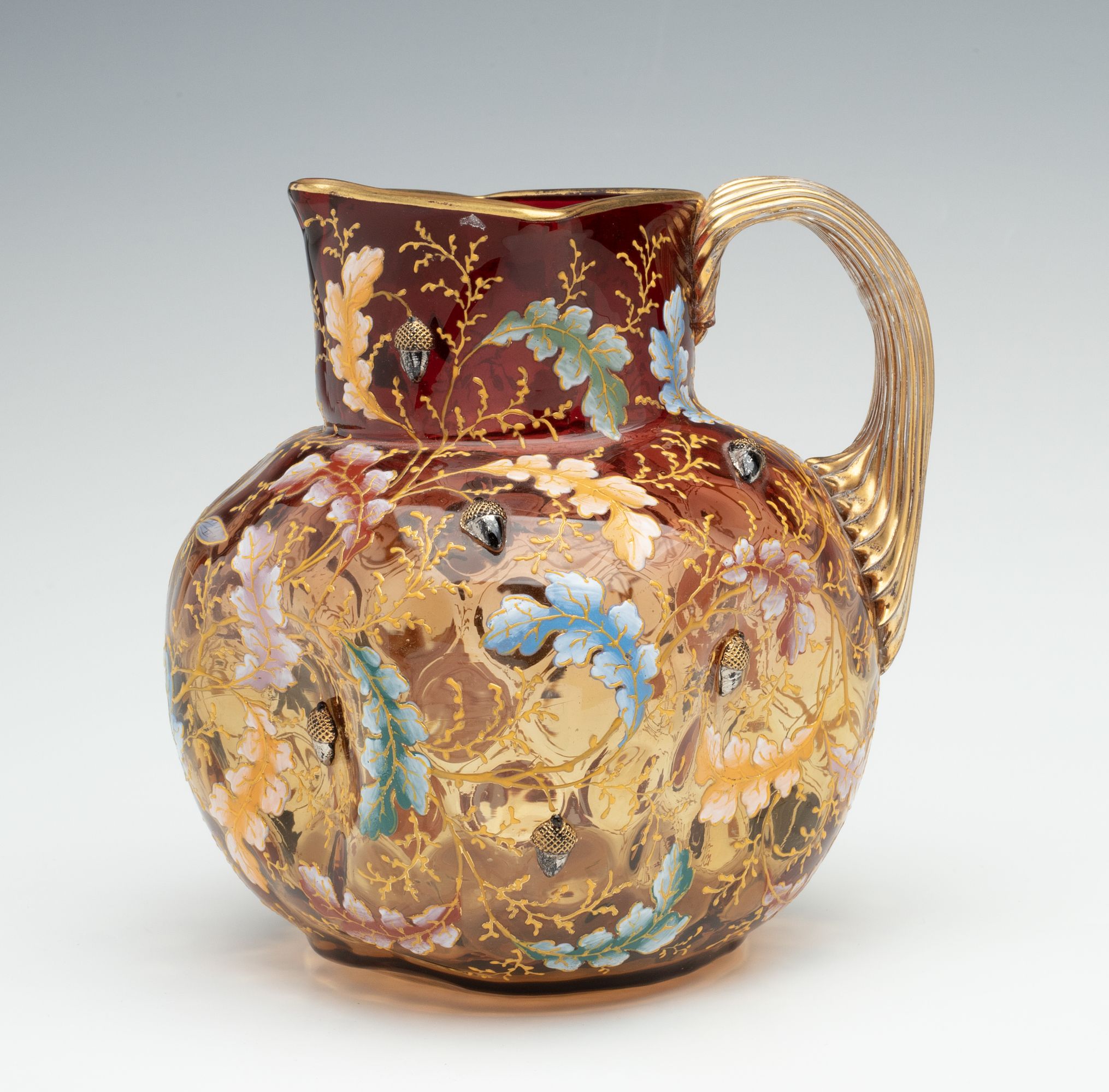 MOSER GILT AND ENAMEL AMBERINA JUG AND TRAY WITH ACORNS