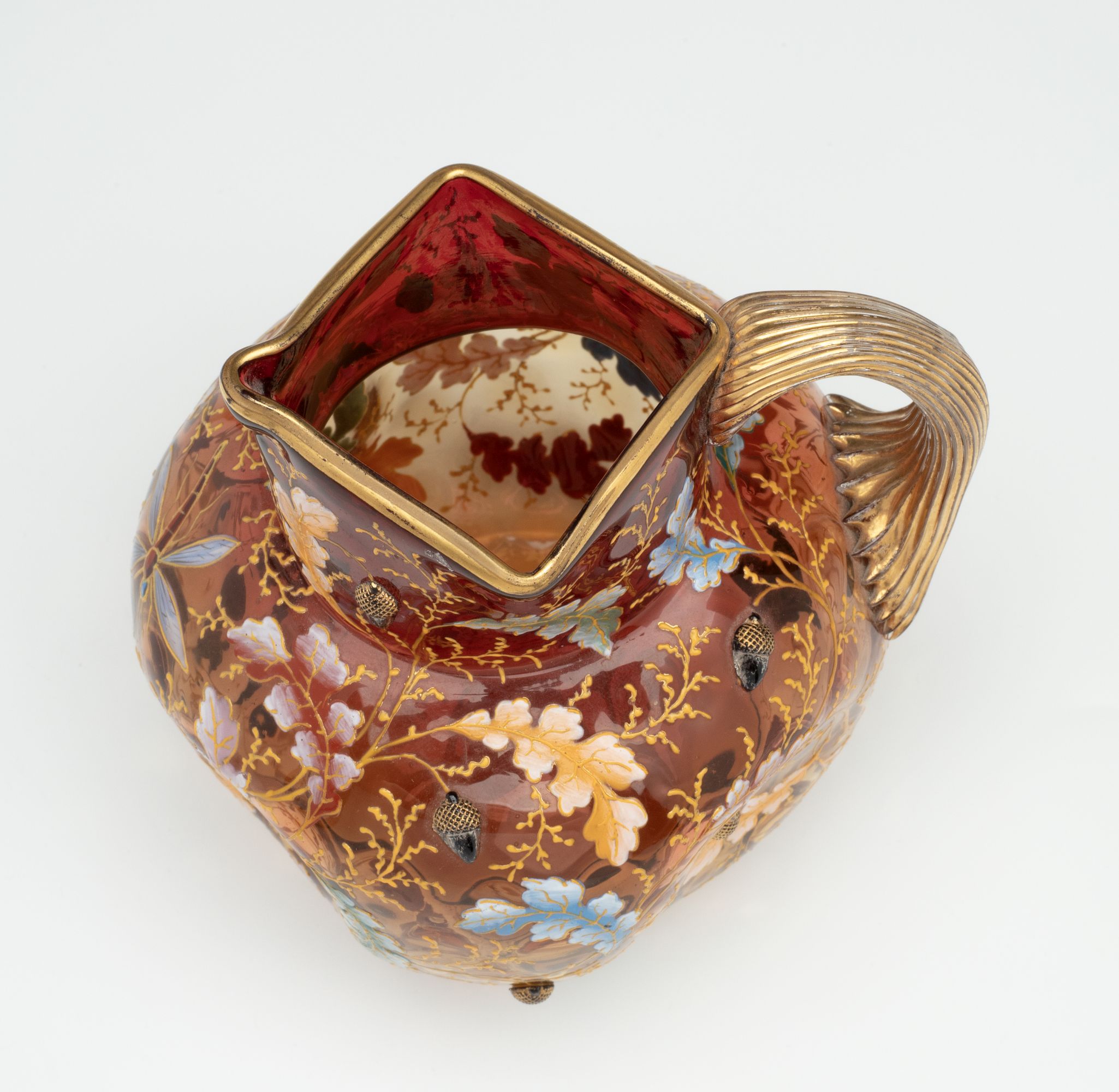 MOSER GILT AND ENAMEL AMBERINA JUG AND TRAY WITH ACORNS