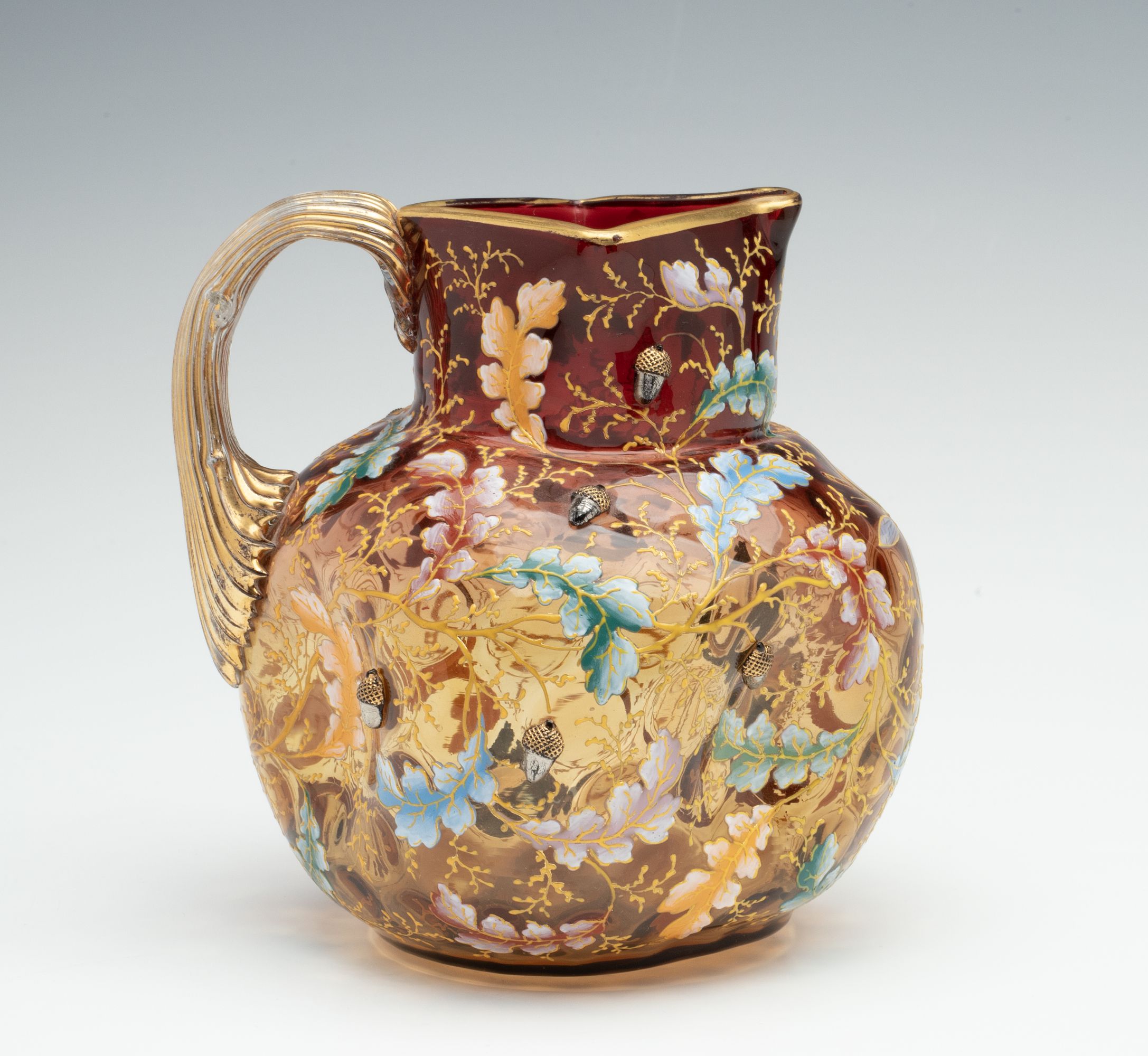 MOSER GILT AND ENAMEL AMBERINA JUG AND TRAY WITH ACORNS