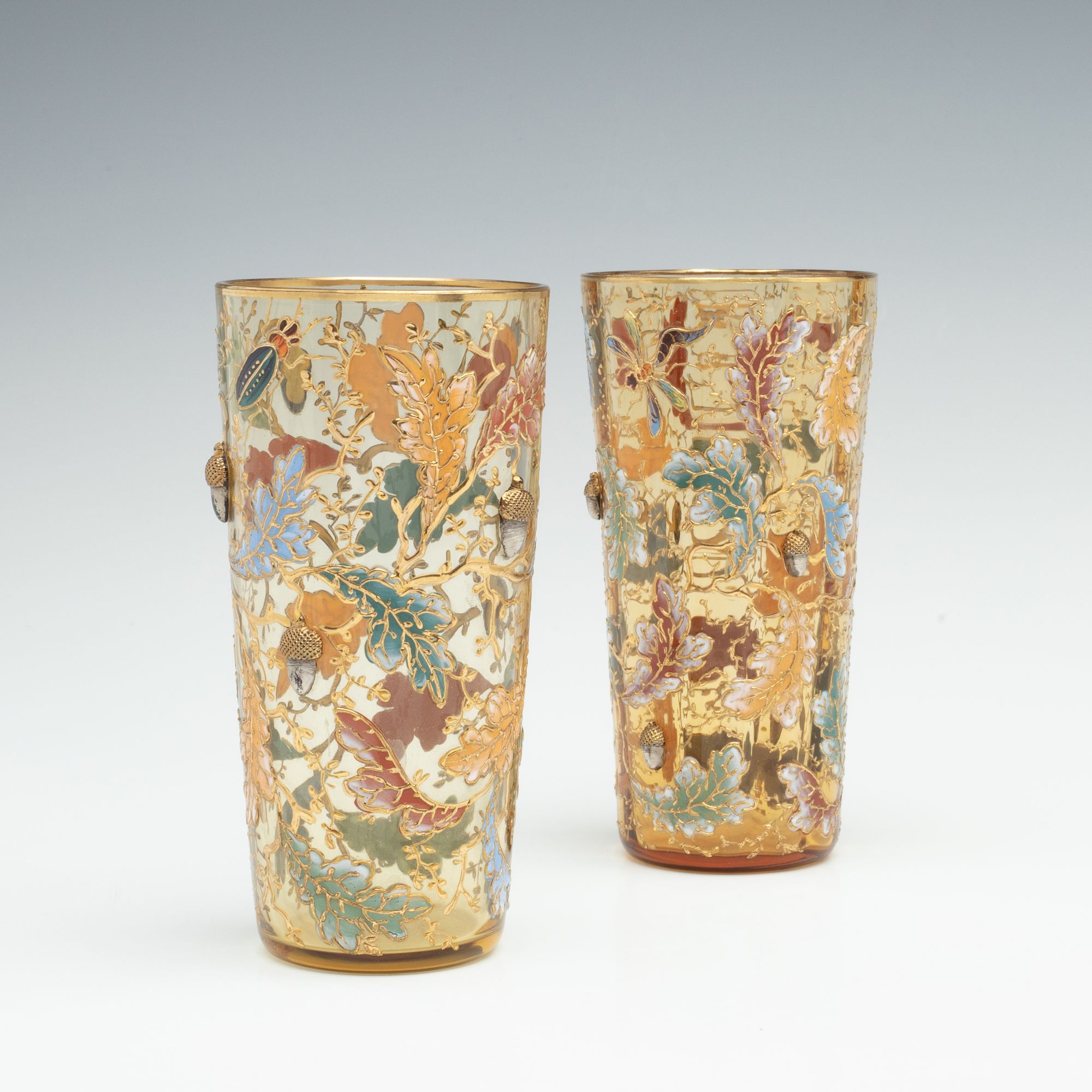 MOSER GILT AND ENAMEL BEAKERS WITH INSECTS AND ACORNS