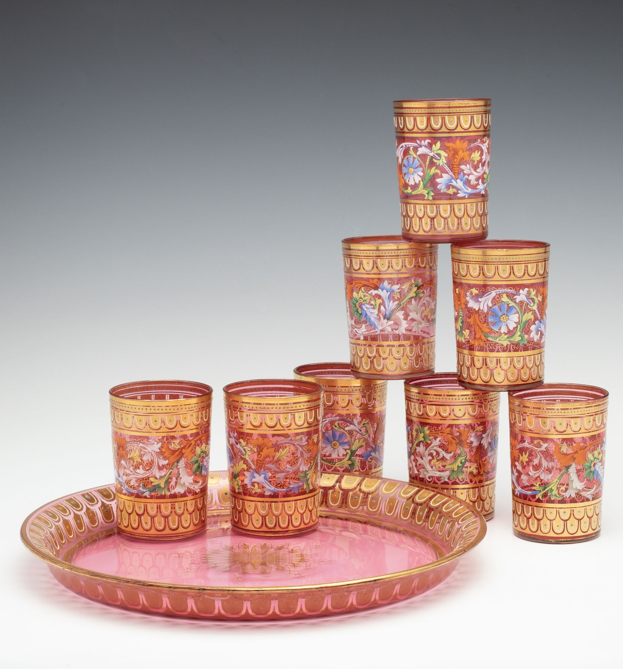 EIGHT MOSER GILT AND ENAMELED CRANBERRY TUMBLERS W/TRAY