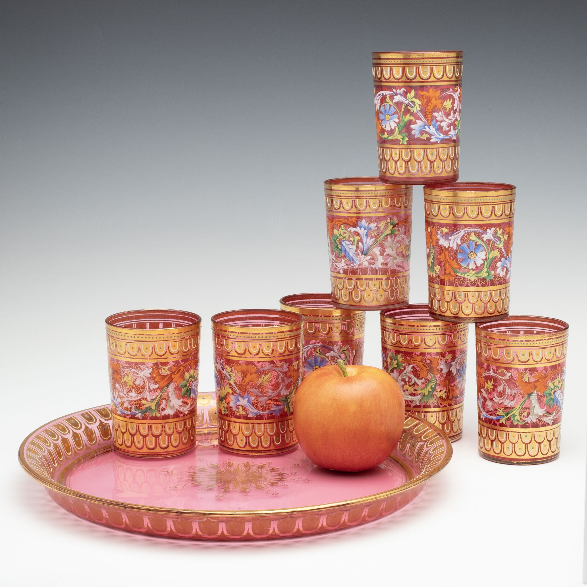 EIGHT MOSER GILT AND ENAMELED CRANBERRY TUMBLERS W/TRAY