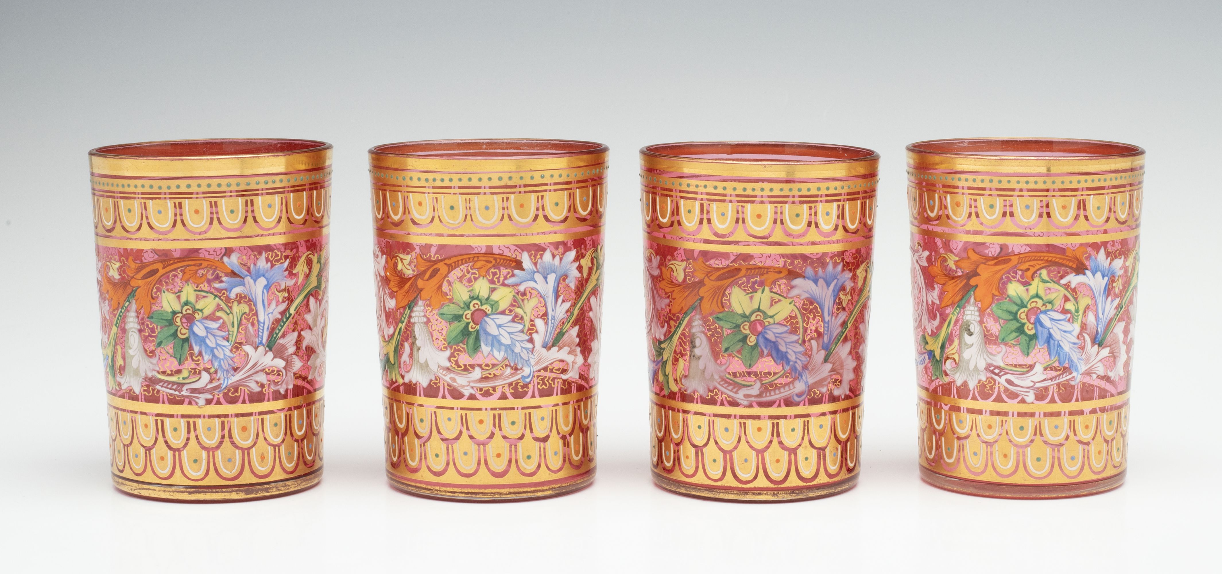 EIGHT MOSER GILT AND ENAMELED CRANBERRY TUMBLERS W/TRAY