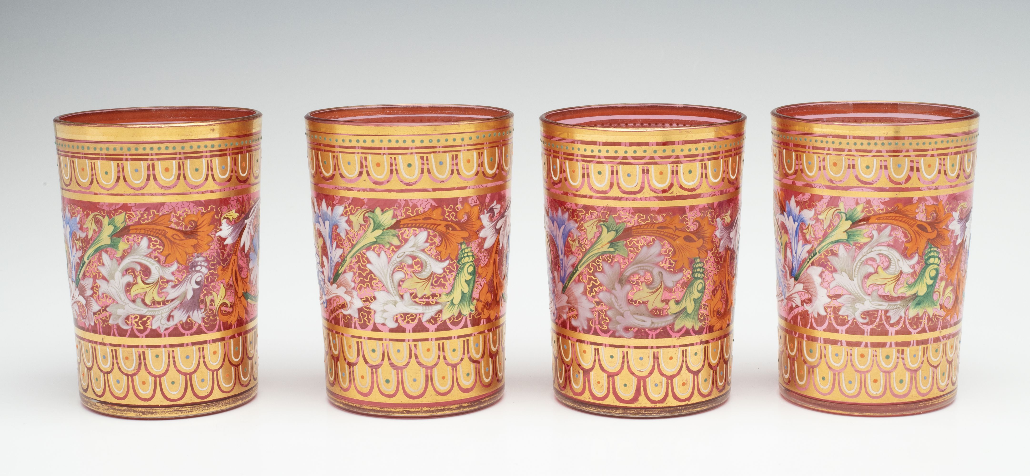 EIGHT MOSER GILT AND ENAMELED CRANBERRY TUMBLERS W/TRAY