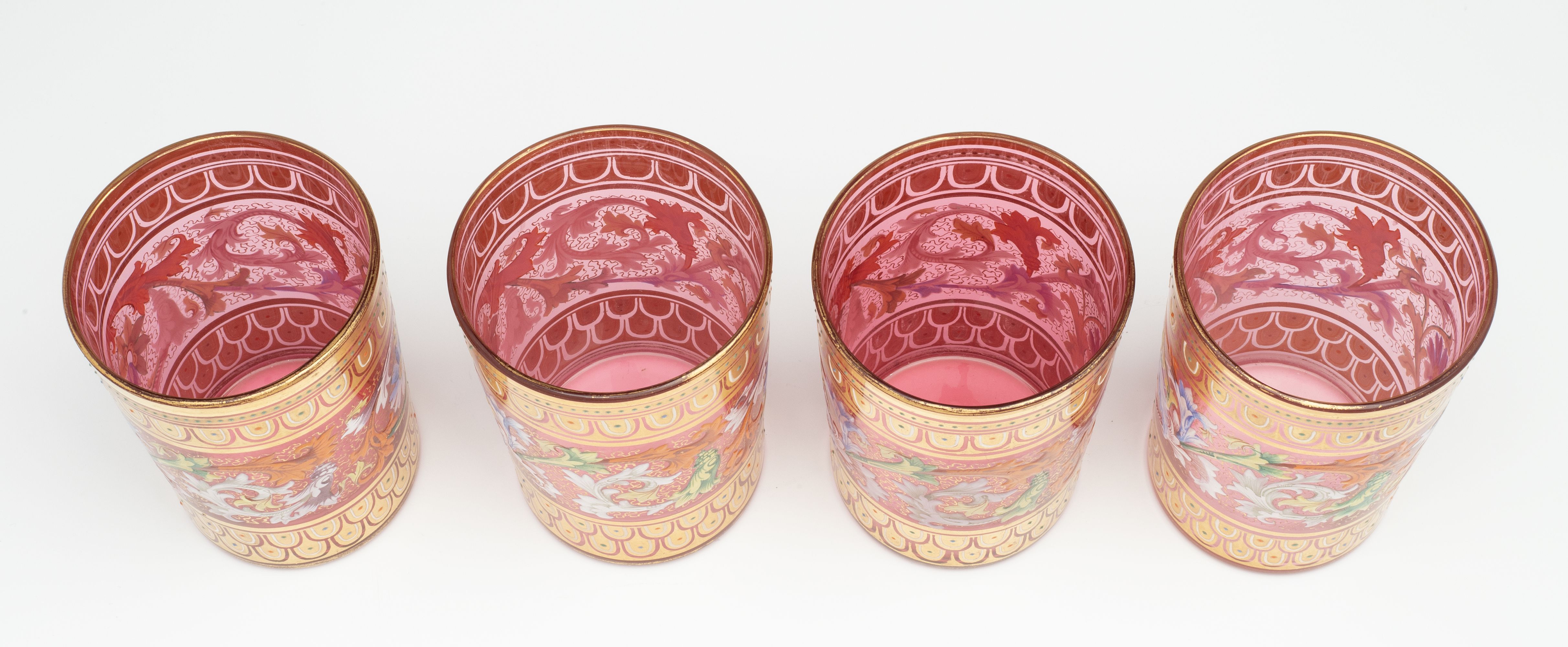 EIGHT MOSER GILT AND ENAMELED CRANBERRY TUMBLERS W/TRAY