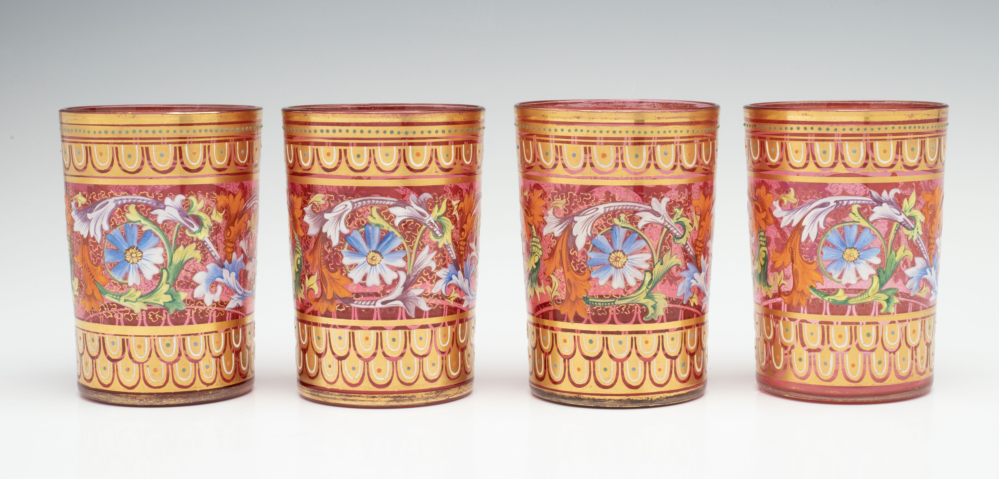 EIGHT MOSER GILT AND ENAMELED CRANBERRY TUMBLERS W/TRAY