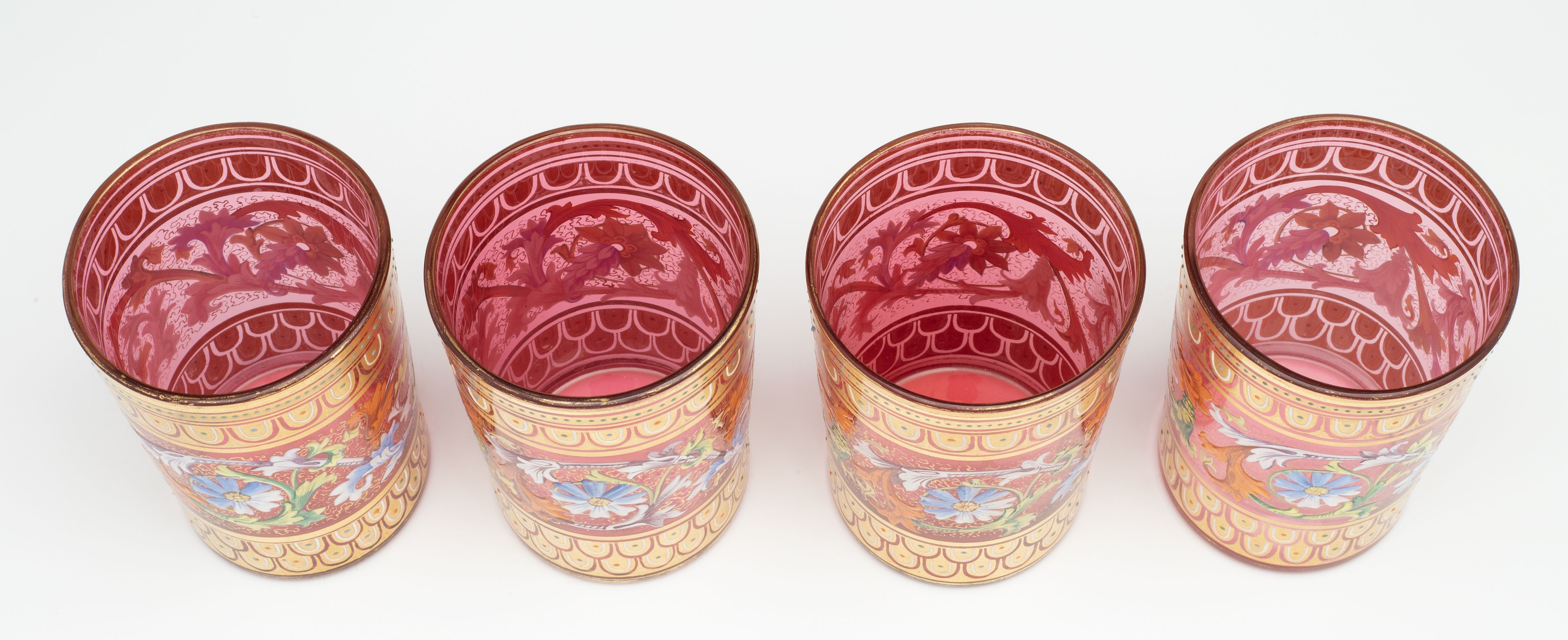 EIGHT MOSER GILT AND ENAMELED CRANBERRY TUMBLERS W/TRAY