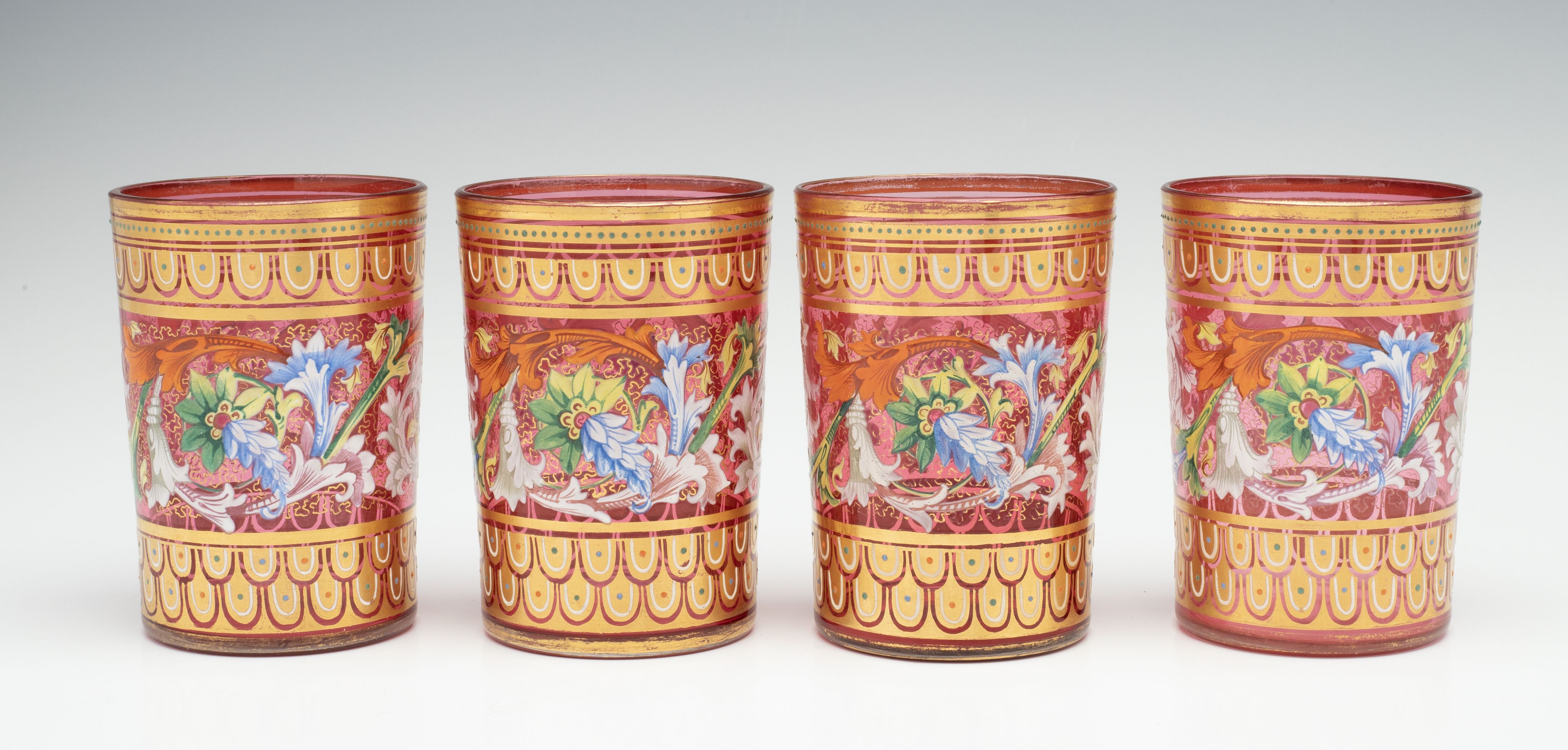 EIGHT MOSER GILT AND ENAMELED CRANBERRY TUMBLERS W/TRAY