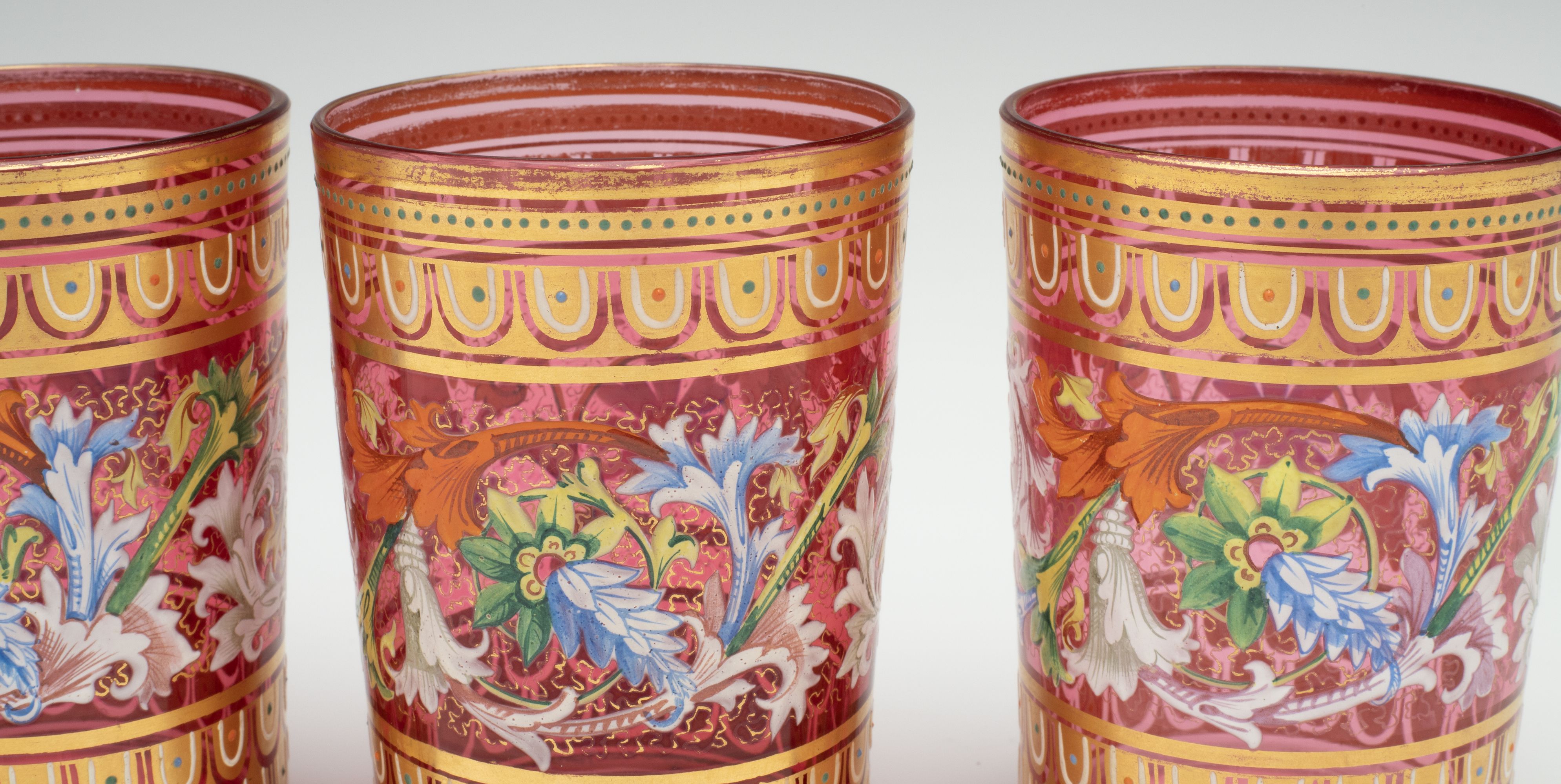 EIGHT MOSER GILT AND ENAMELED CRANBERRY TUMBLERS W/TRAY